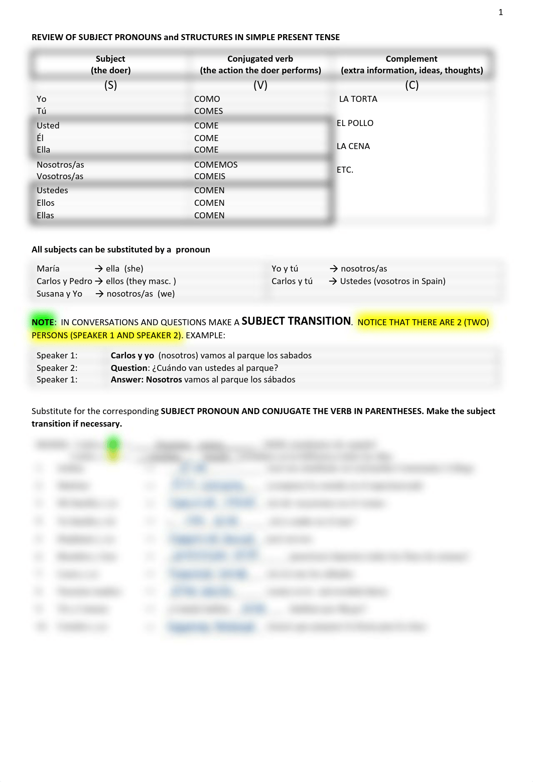 3-EJERCICIOS - SUBJECT PRONOUNS and SUBJECT TRANSITION in present tense-other verbs.pdf_dii4tu2hw6n_page1