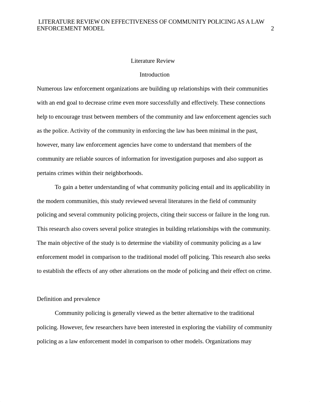 Running head: LITERATURE REVIEW ON EFFECTIVENESS OF COMMUNITY POLICING_dijx1pdth30_page2