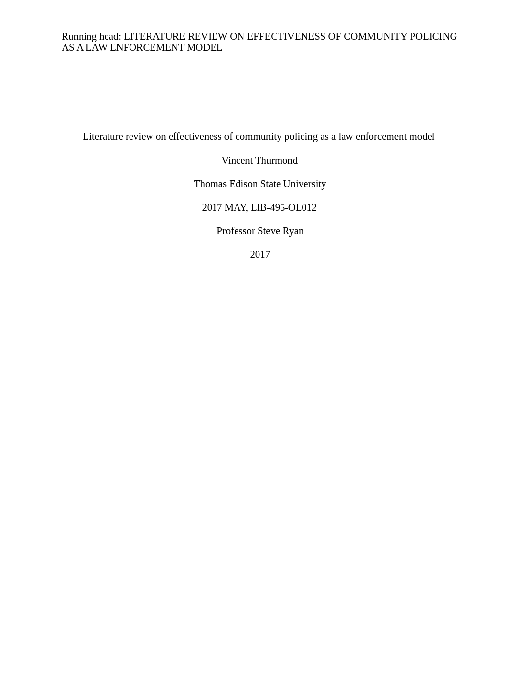 Running head: LITERATURE REVIEW ON EFFECTIVENESS OF COMMUNITY POLICING_dijx1pdth30_page1