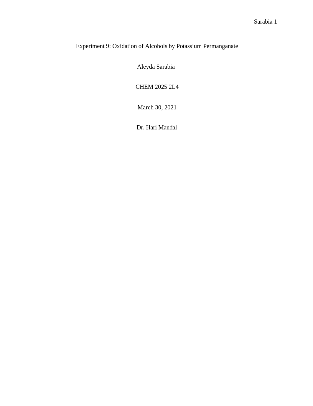 Experiment 9 Oxidation of Alcohols Aleyda Sarabia.docx_dinj2wgqhdu_page1