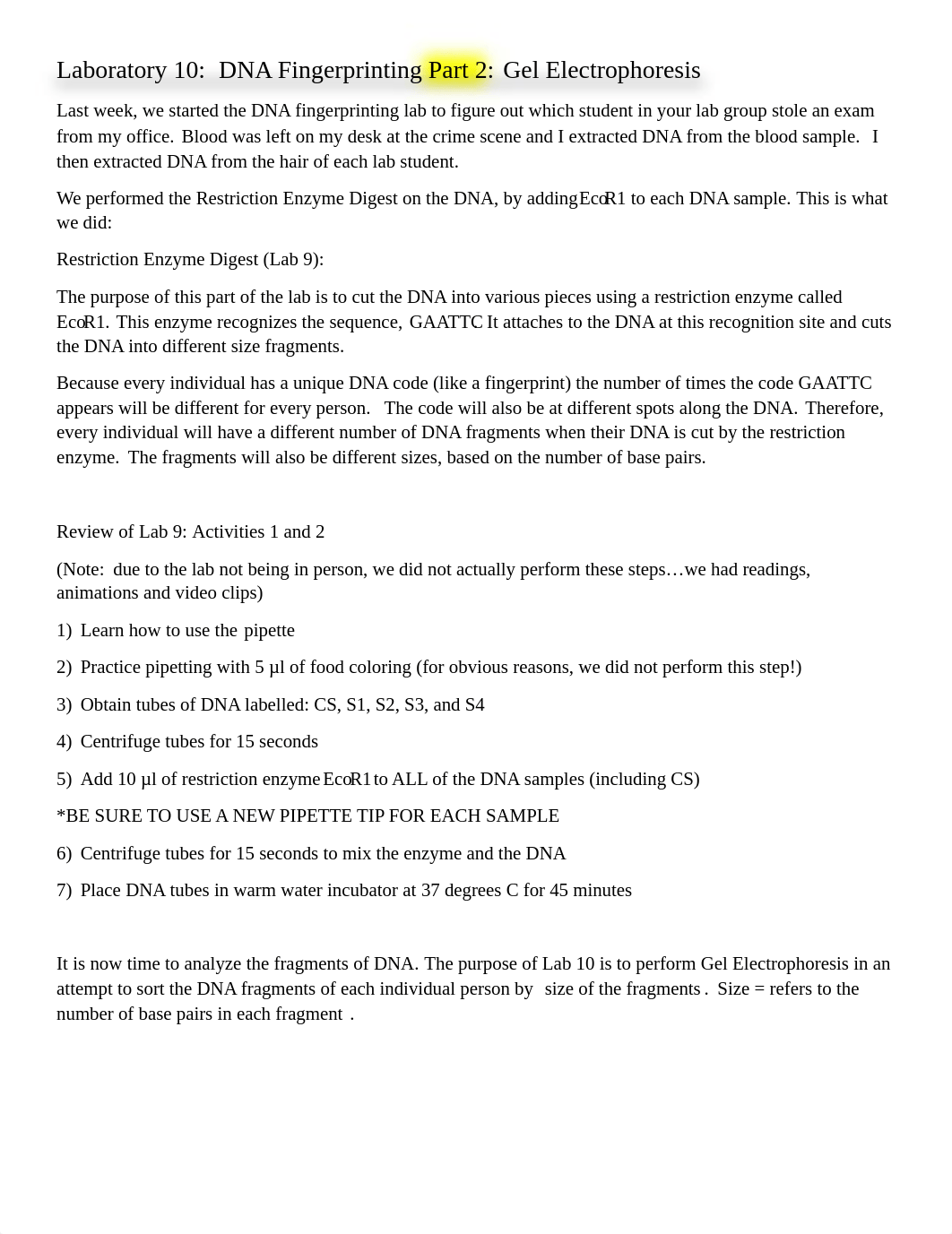 Lab 10 DNA Fingerprinting - Gel Electrophoresis Introductory Reading.pdf_diowvmne4eo_page1