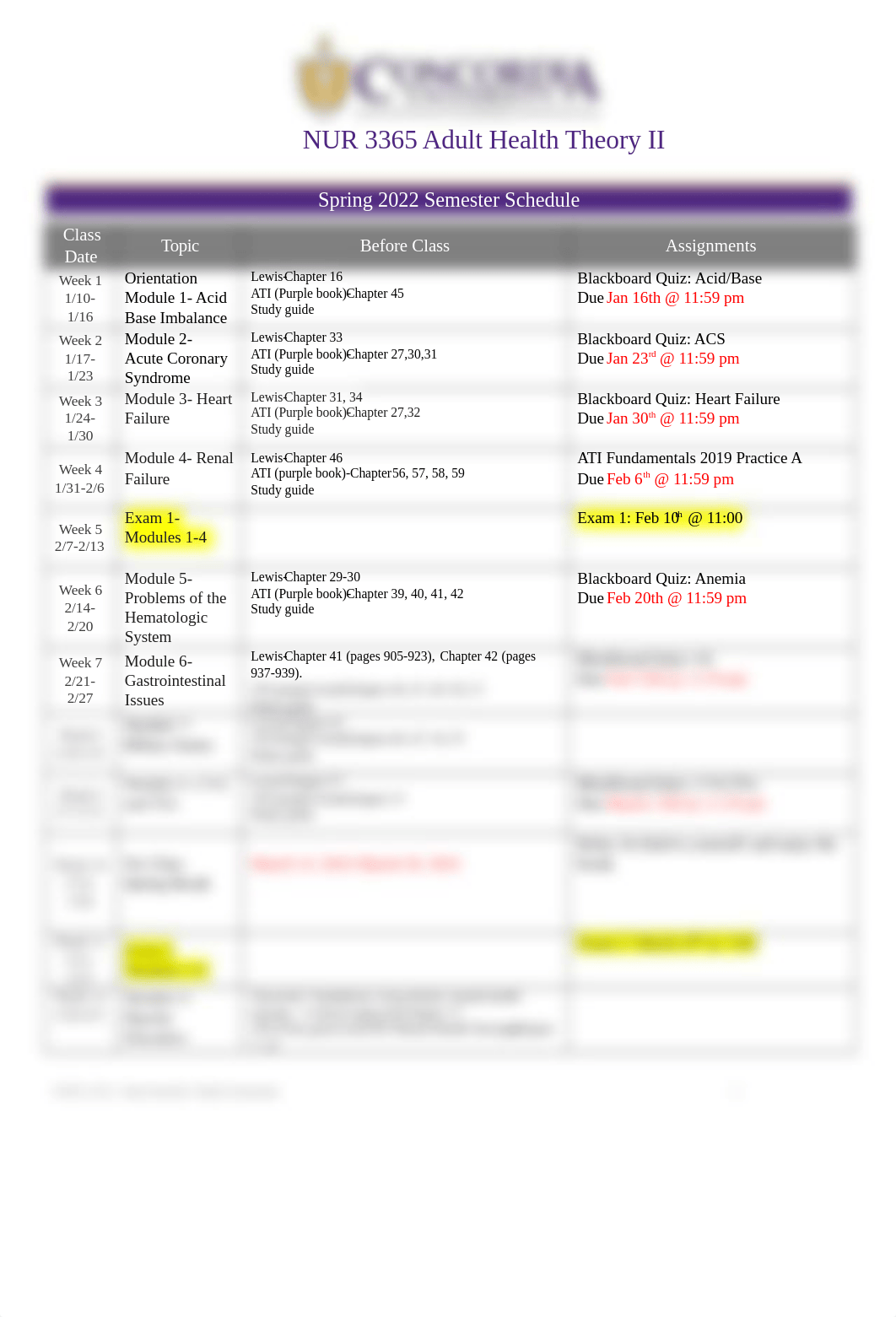 NUR 3365 Adult Health II Theory Schedule Spring 2022.docx_dip9xu6ofwv_page1