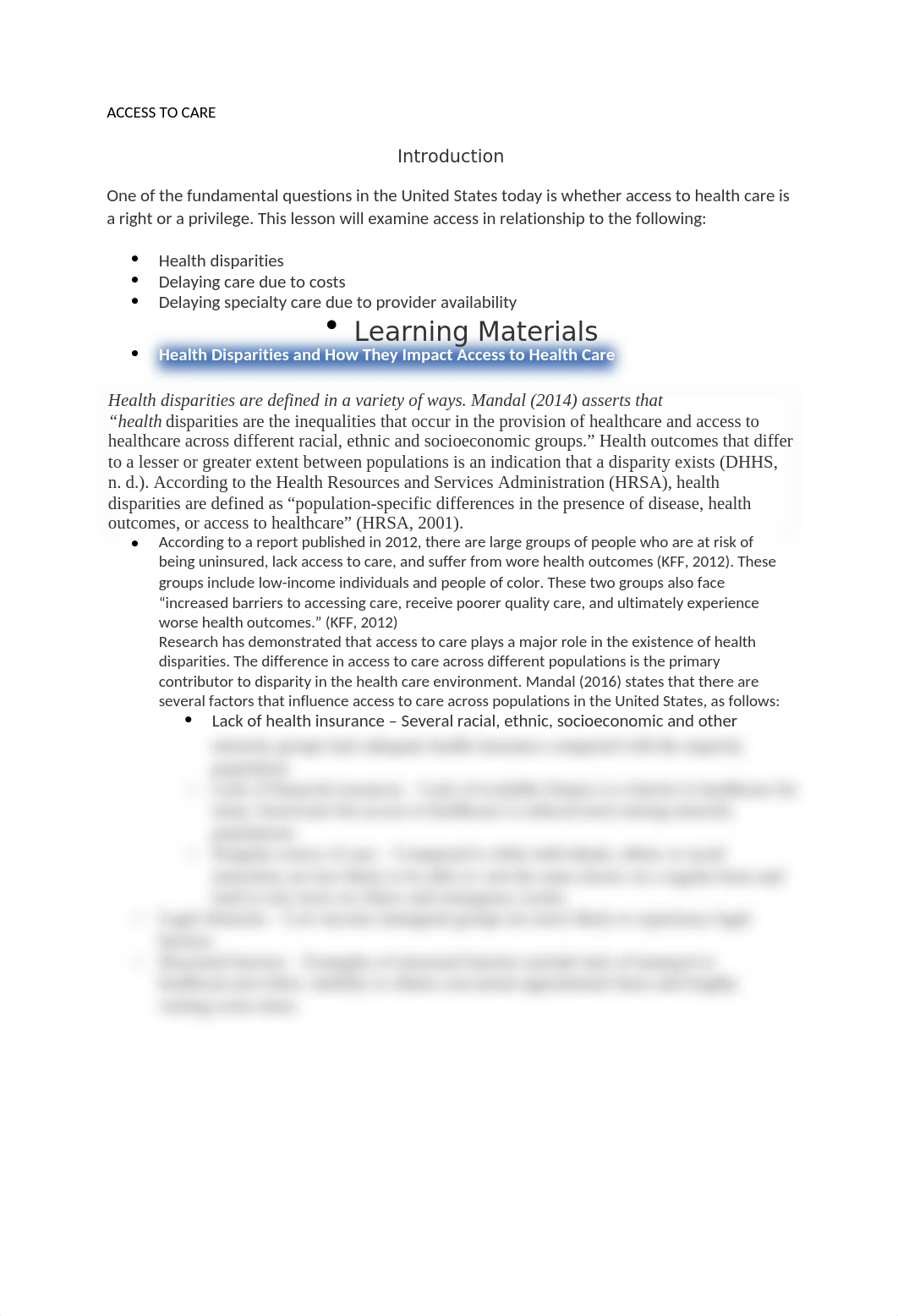 HCM 630 Unit 3 Intel ACCESS TO CARE .docx_diphkfm1v5m_page1