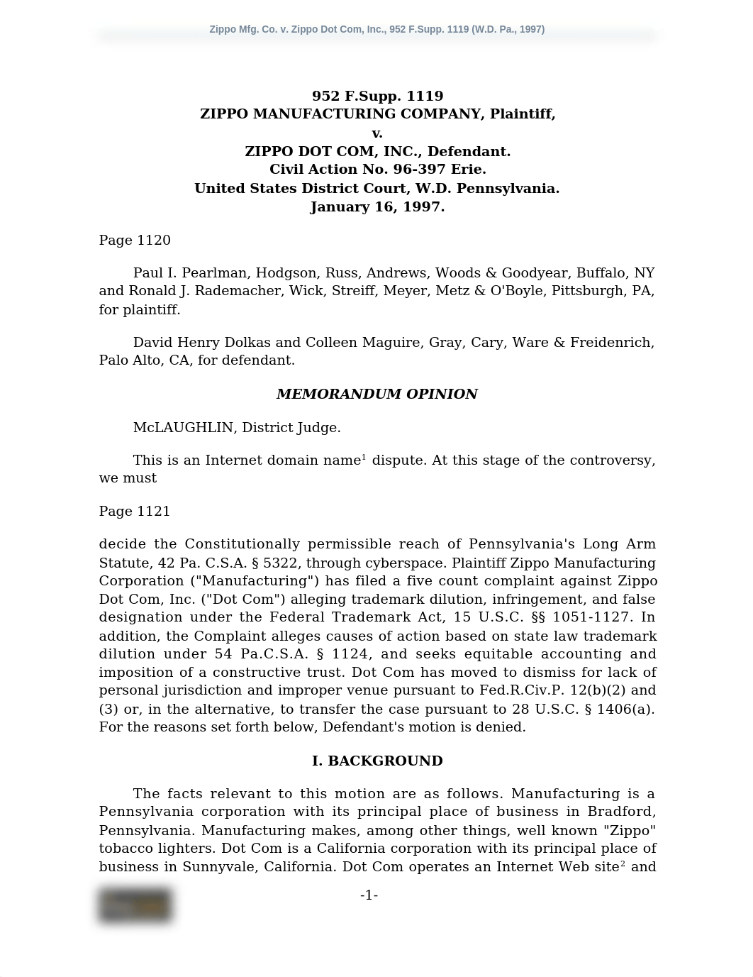 Zippo Mfg. Co. v. Zippo Dot Com, Inc., 952 F.Supp. 1119 (W.D. Pa., 1997).docx_dir4fiyzhzh_page1