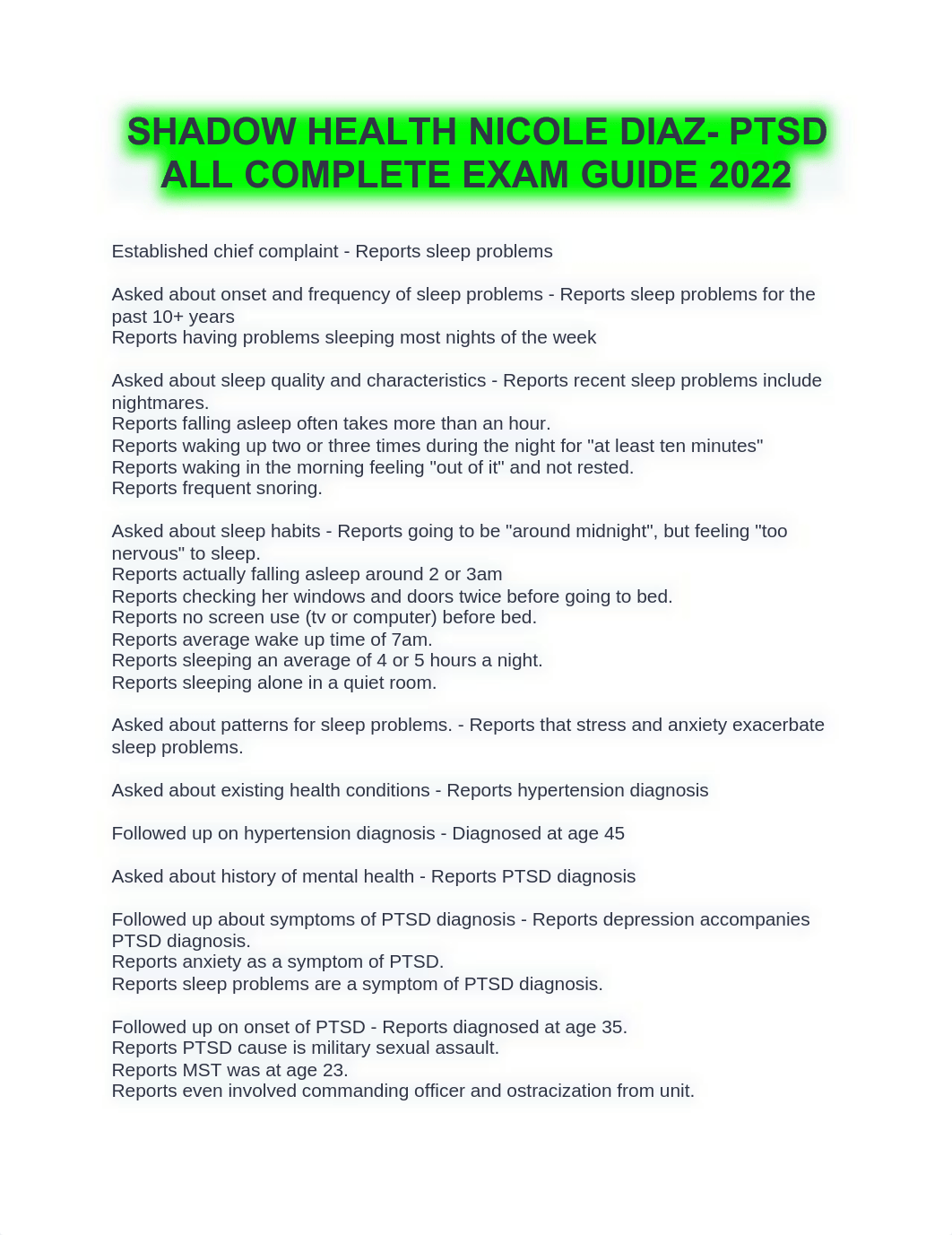 SHADOW HEALTH NICOLE DIAZ- PTSD ALL COMPLETE EXAM GUIDE 2022.pdf_diroj7nnzmt_page1