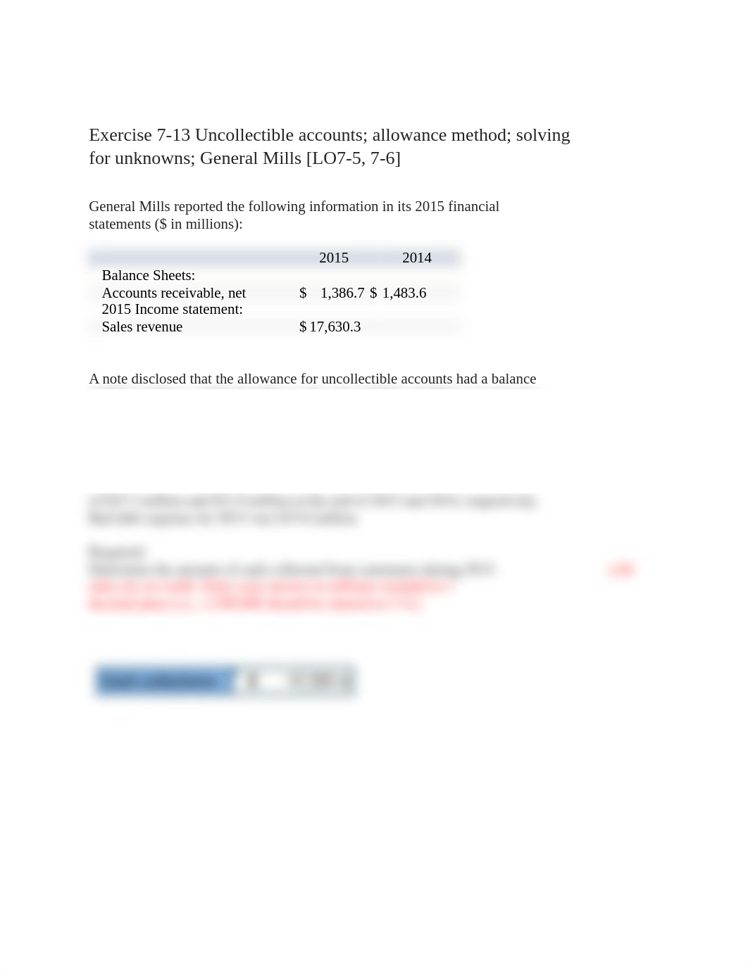 Exercise 7-13 Uncollectible accounts; allowance method; solving for unknowns; General Mills .docx_ditwwesx3p6_page1