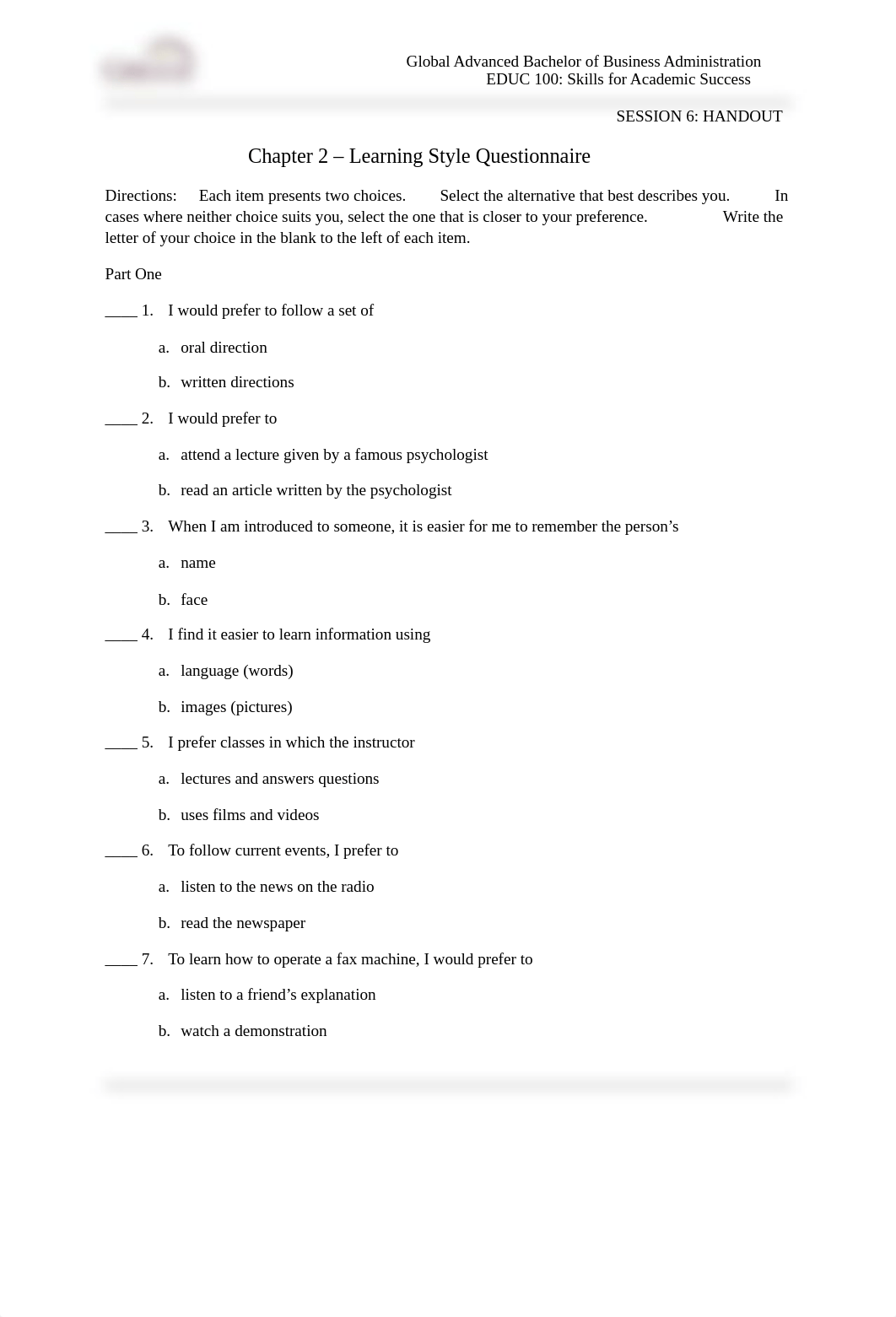 11.01.29 - GaBBA - EDUC 100 - Skills for Academic Success - Handout 1- Learning Questionnaire_dix2e7cmcoc_page1