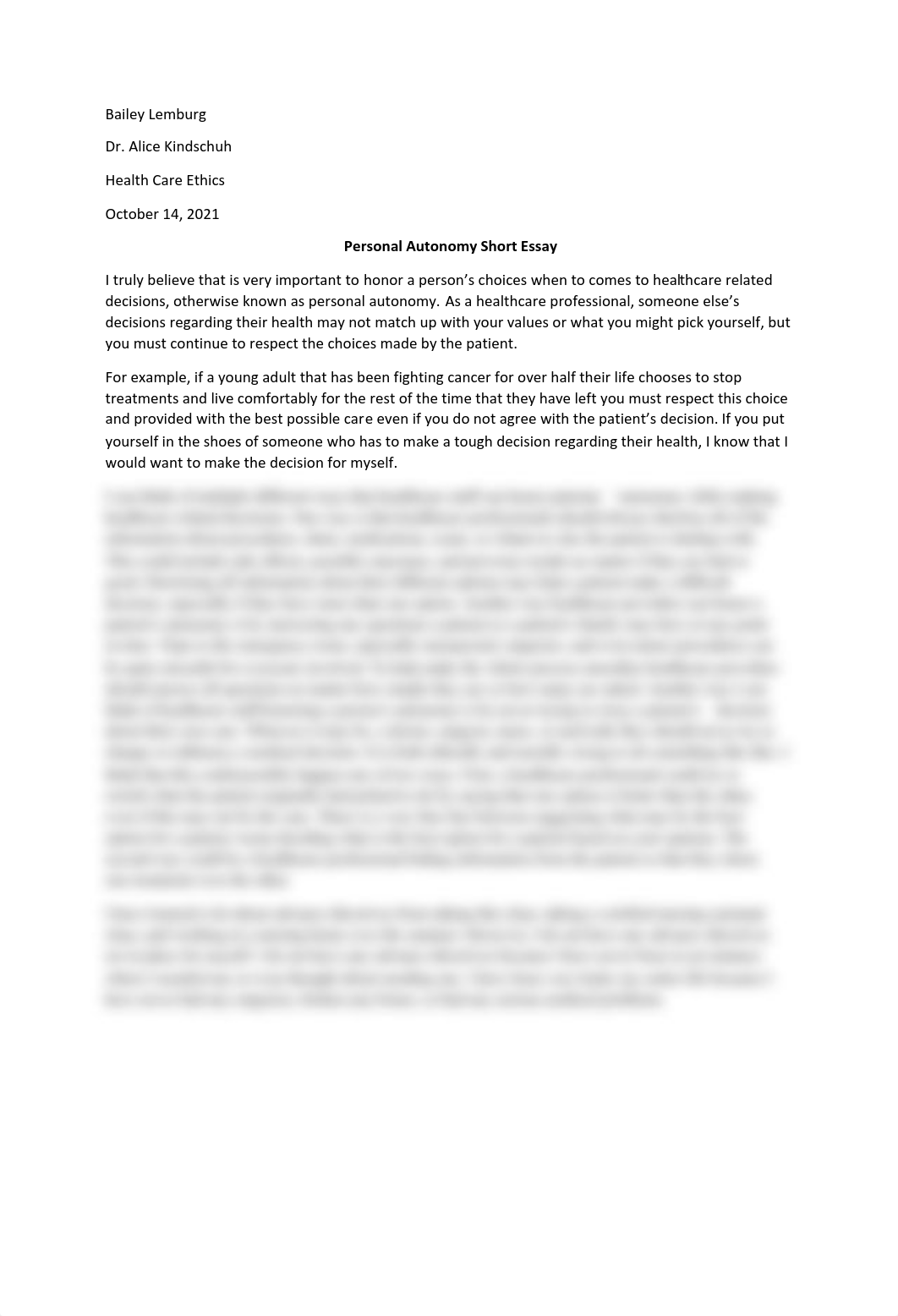 Bailey Lemburg - Health Care Ethics - Personal Autonomy Short Essay.pdf_dizxid764yb_page1