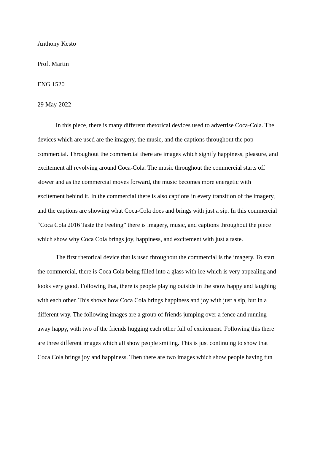 Rhetorical Analysis Final Draft - Coca Cola Taste the Feeling - Anthony Kesto.docx_dj1ufhvme3w_page1