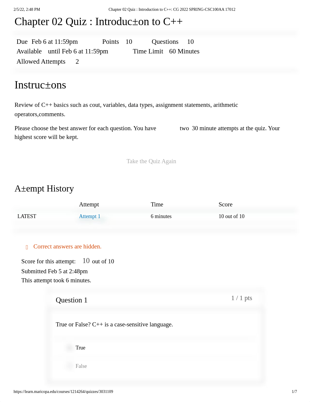 Chapter 02 Quiz _ Introduction to C++_ CG 2022 SPRING-CSC100AA 17012.pdf_dj2dclq3qfz_page1