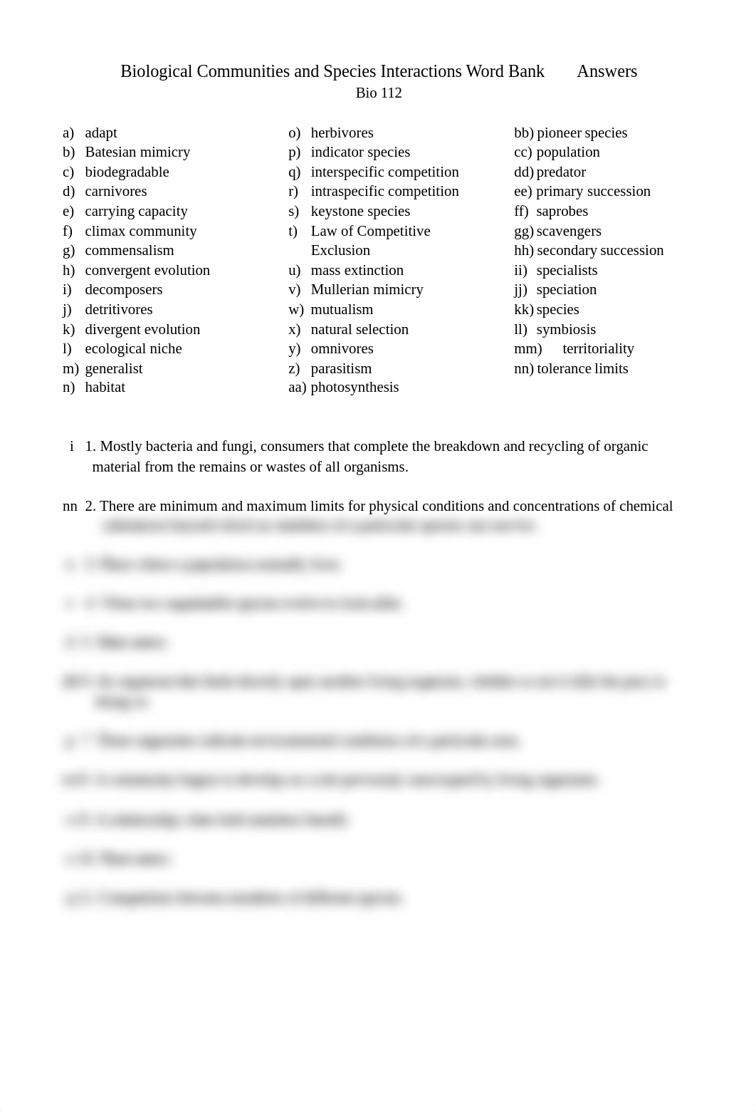 Biological Communities and Species Interactions worksheet wordbank Bio 112 answers.doc_dj2ehykkdze_page1