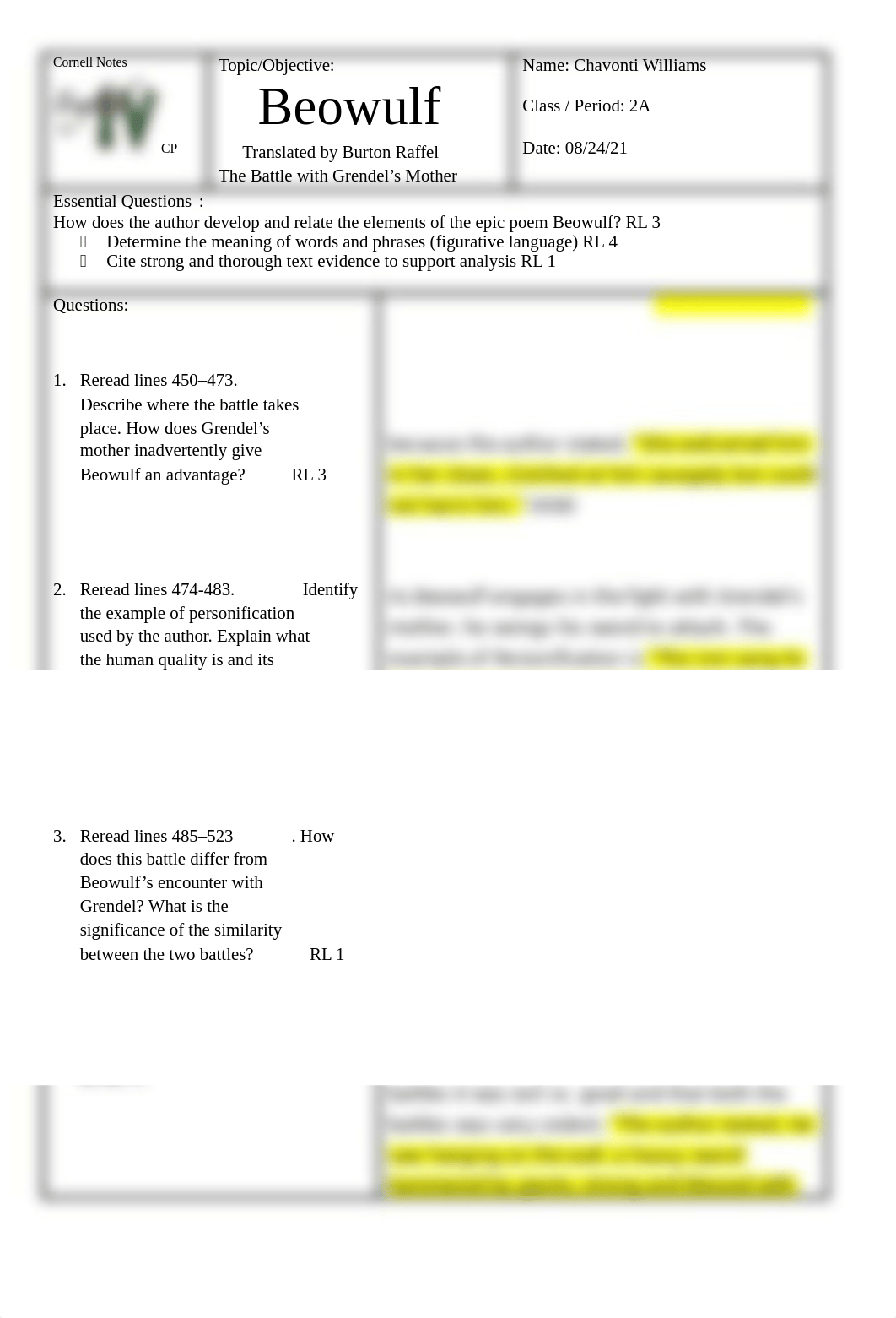 Beowulf Cornell Notes The Battle with Grendel's Mother (2) (2).docx_dj3hewspaz4_page1