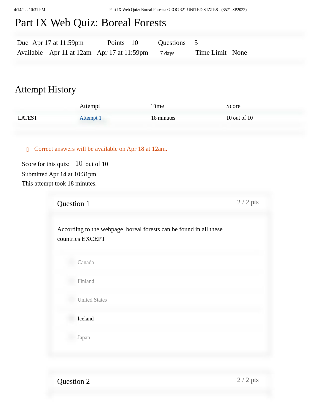 Part IX Web Quiz_ Boreal Forests_ GEOG 321 UNITED STATES - (3571-SP2022).pdf_dj3qrb3w0j9_page1