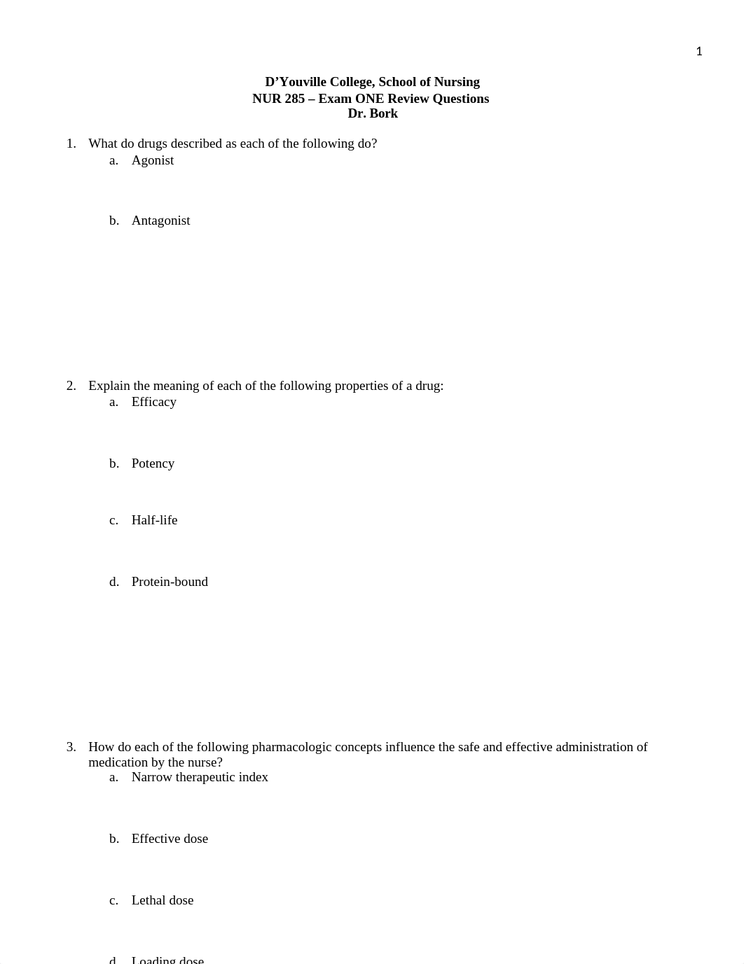 NUR 285, M. Bork, Exam ONE Review Questions-1.docx_djan3gm3lb8_page1