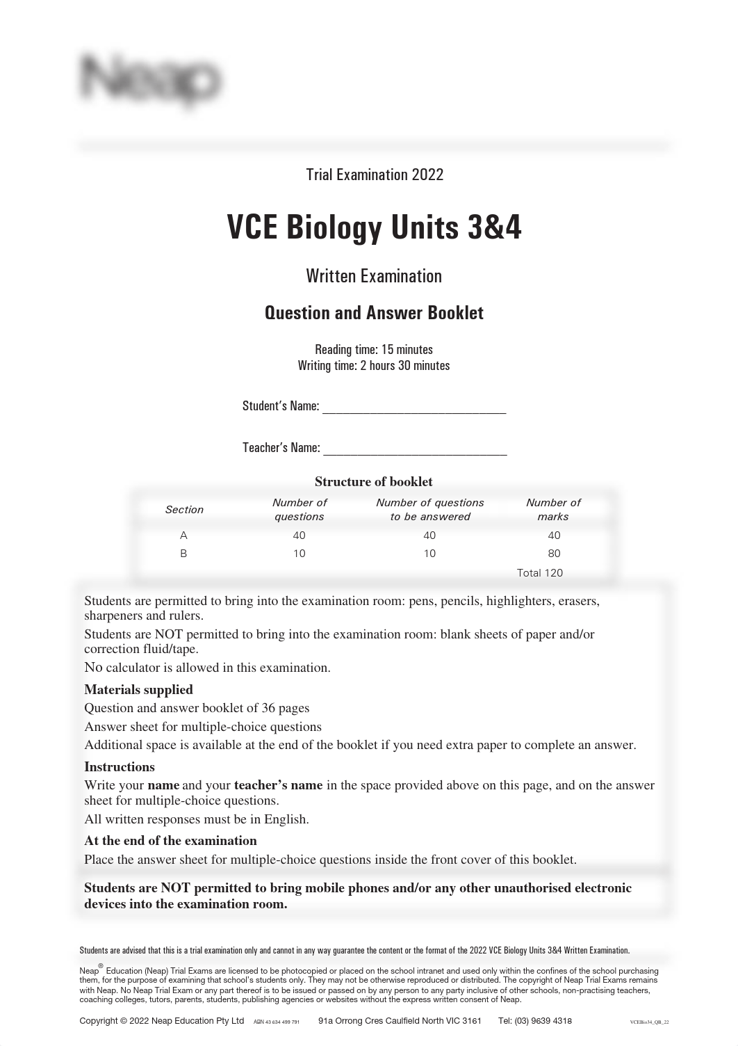 VCE Biology Units 3&4 Question and Answer Booklet 2022.pdf_djd02g9dhma_page1