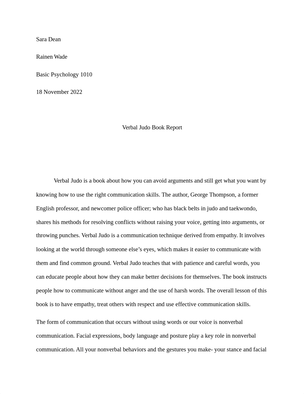 Sara Dean Psych 1010 Verbal Judo Book Report.docx_djdj1ofqh8e_page1