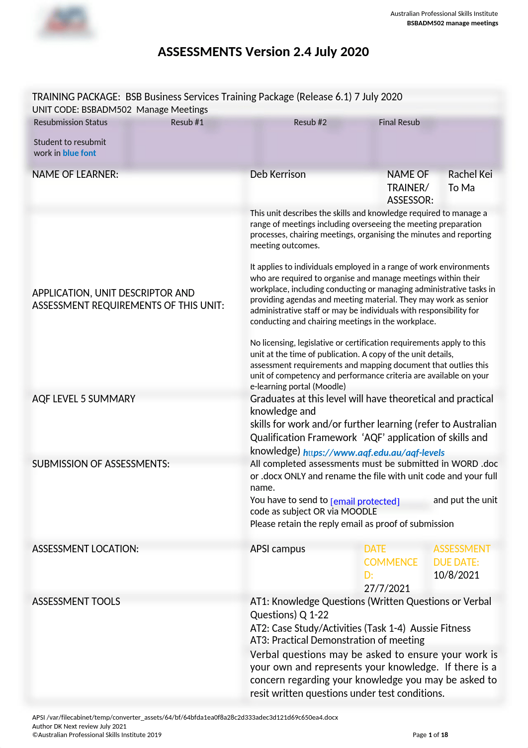 BSBADM502 Manage Meetings Assessment By Rachel Kei To Ma V2.6 January 2021.docx_djdpqcgbol5_page1