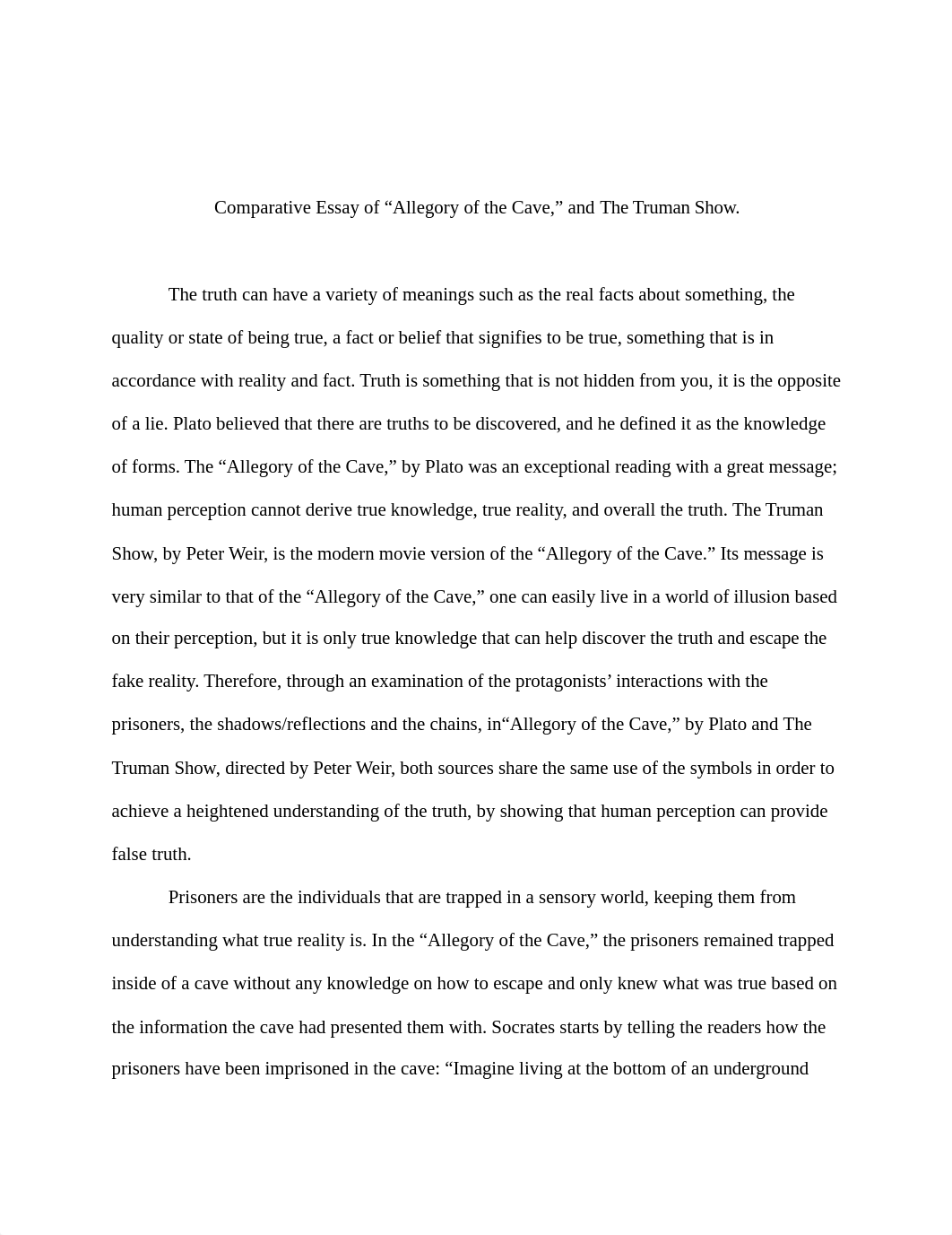 Final Comparative Essay of "Allegory of the Cave," and The Truman Show.pdf_djftf6s4fxf_page1