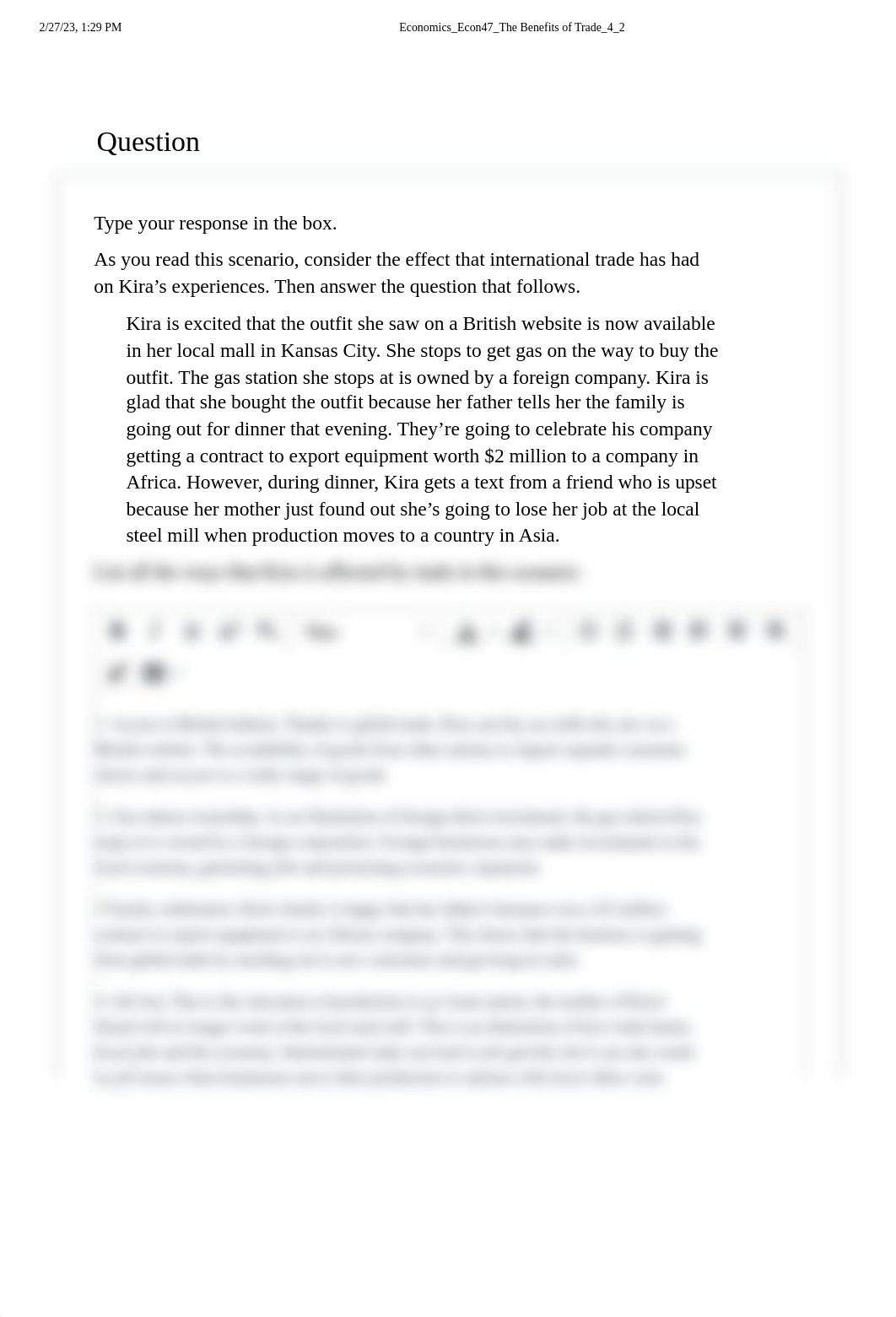List all the ways that Kira is affected by trade in this scenario. .pdf_djhb06m9f9w_page1