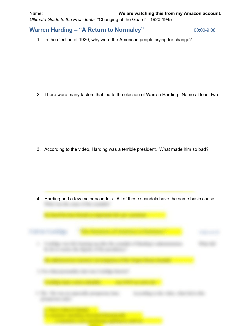 20s.Ultimate Guide to the Presidents Episode 6.Harding.Coolidge.USE.ANSWER KEY.pdf_djhww0w42hw_page1