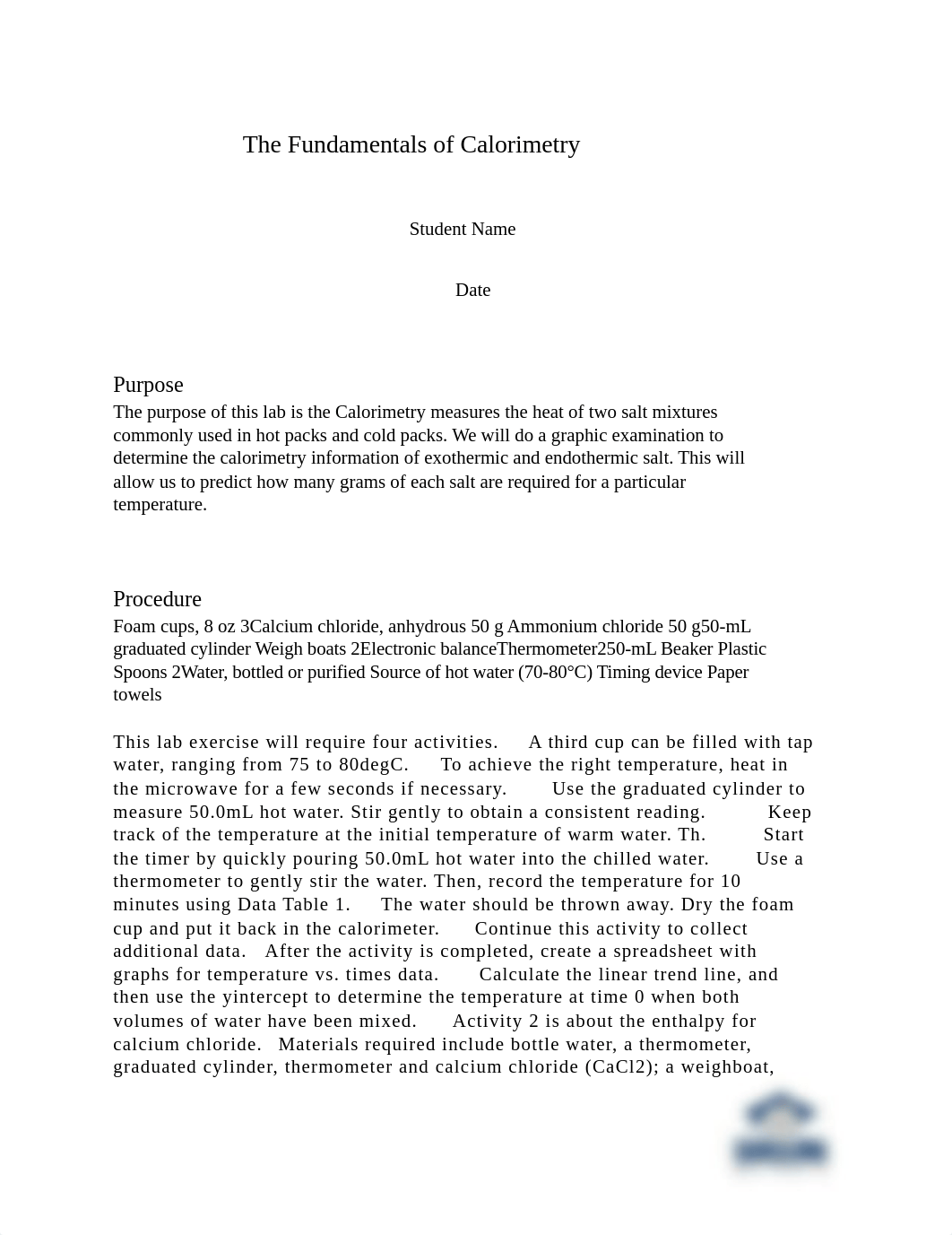 CHEMISTRY MODULE 7 Lab-Fundamentals of Calorimetry Lab report dys.docx_djjnrtwvzkt_page1