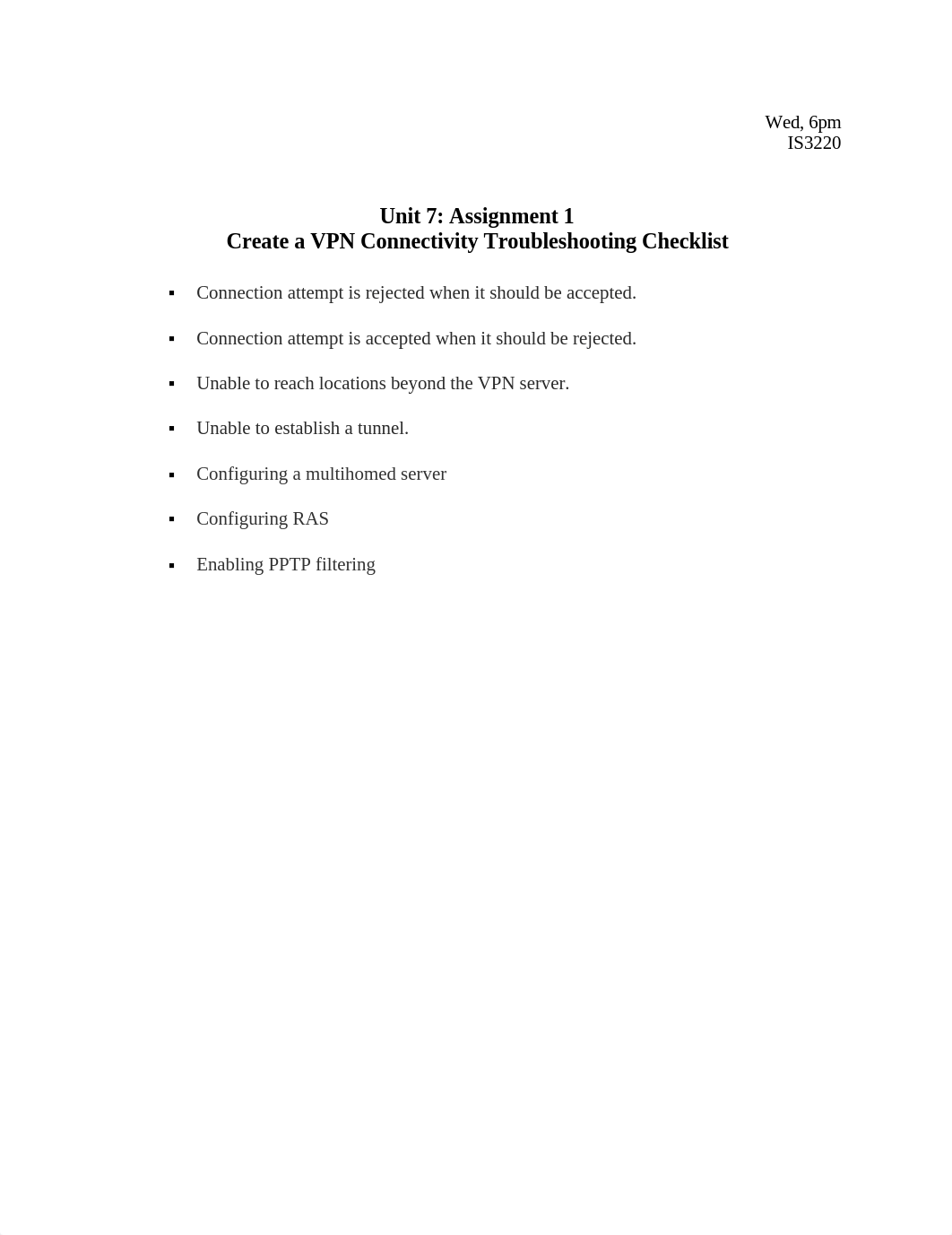 Unit 7 Assignemnt 1 Create a VPN Connectivity Troublshooting Checklist_djmbuwpuvl8_page1