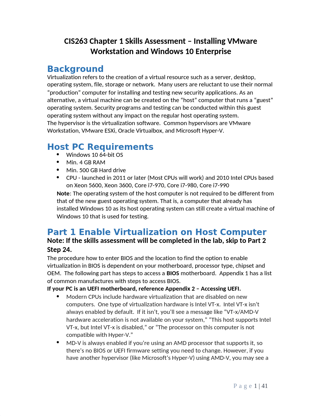 CIS263 Chapter 1 Skills Assessment - Installing VMware Workstation and Windows 10 Enterprise (1).doc_djnwr4l40xz_page1