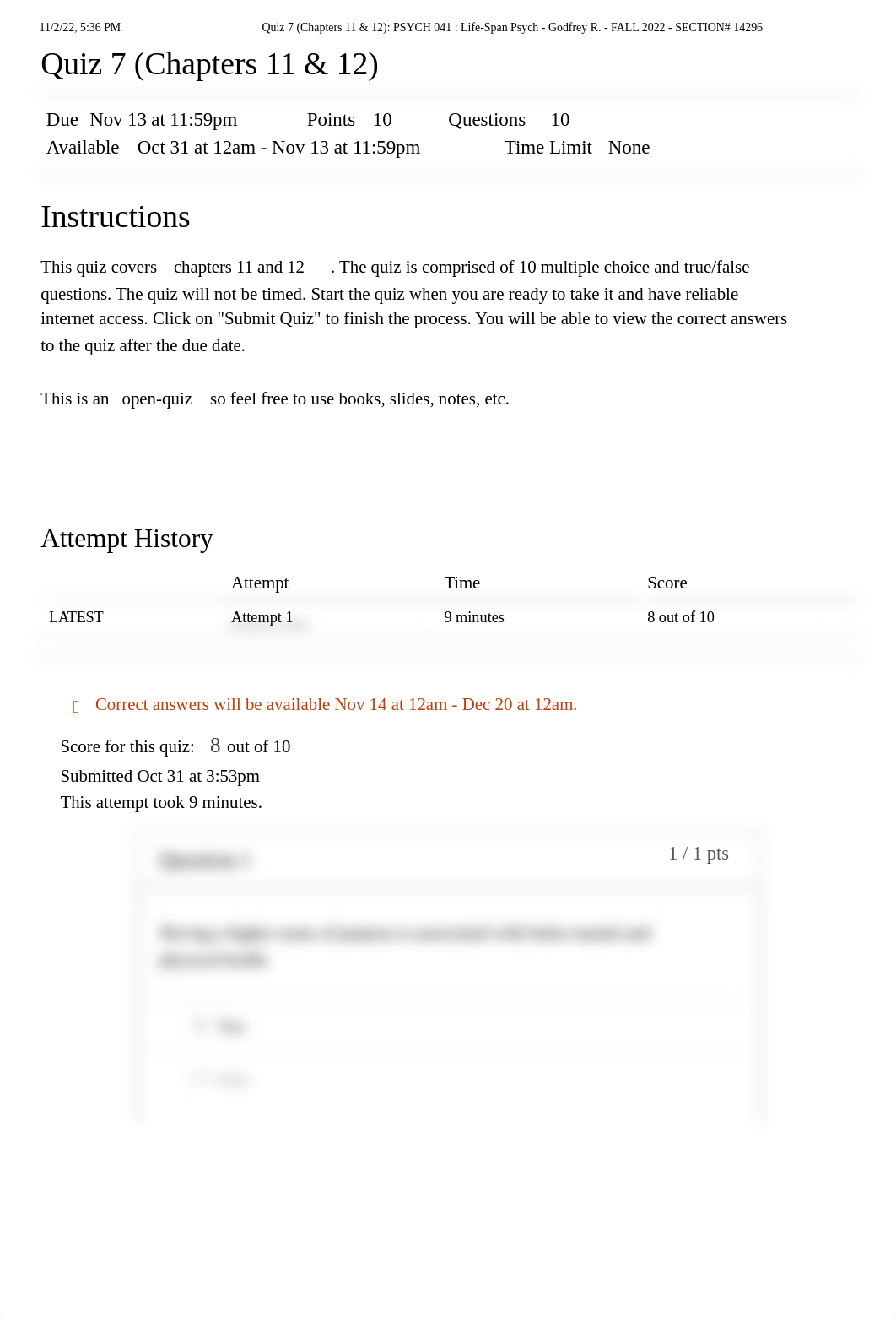 Quiz 7 (Chapters 11 & 12)_ PSYCH 041 _ Life-Span Psych - Godfrey R. - FALL 2022 - SECTION# 14296.pdf_djnz86zxt7x_page1