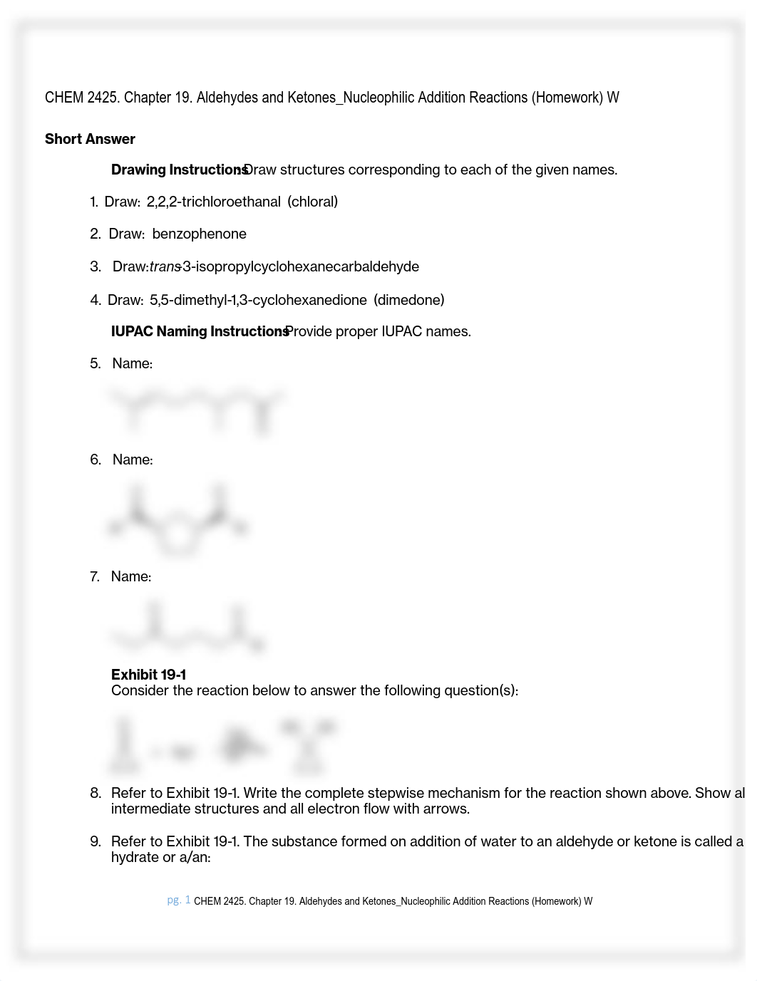 CHEM 2425. Chapter 19. Aldehydes and Ketones_Nucleophilic Addition Reactions (homework) W_djodm2qu1v5_page1