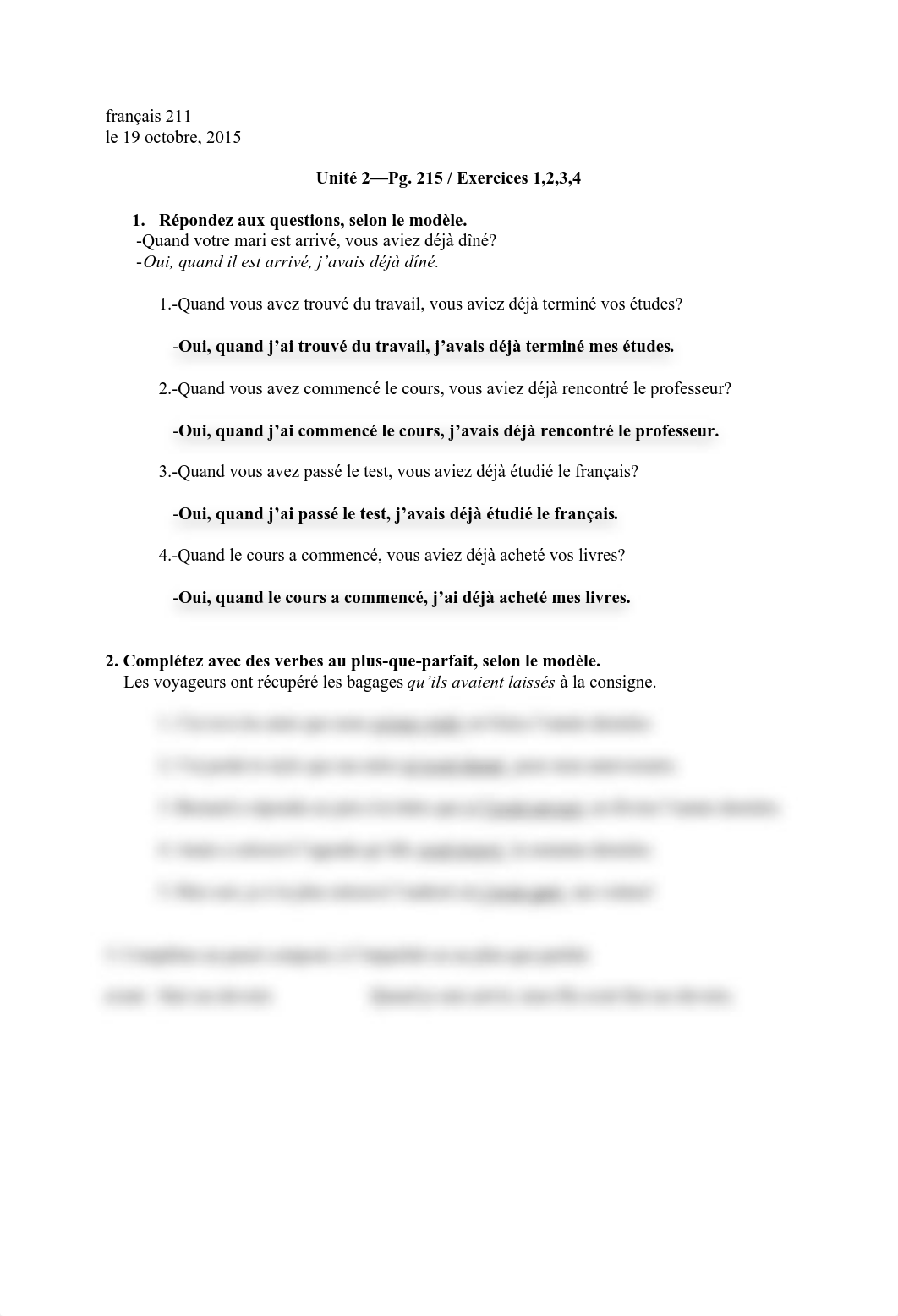 French 211--Unité 2—Pg. 215 _ Exercices 1,2,3,4_djozwd22167_page1