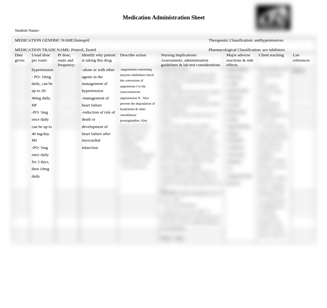 Medication Administration Sheet, lisinopril.doc_djpsf2xj60k_page1