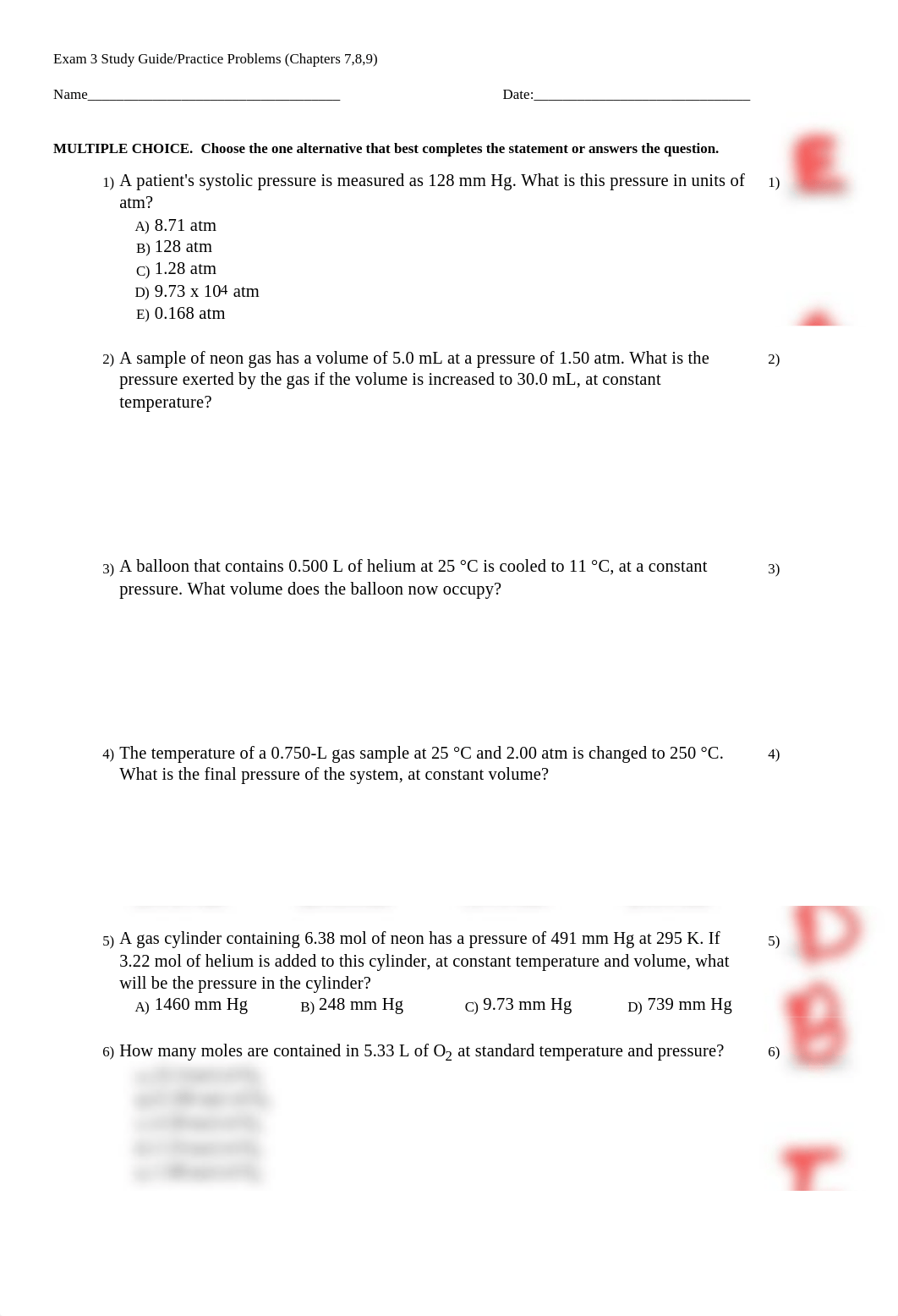 CHEM 1070 Exam 3 Study Guide Fall 2018 with key.pdf_djrc05mkwv9_page1