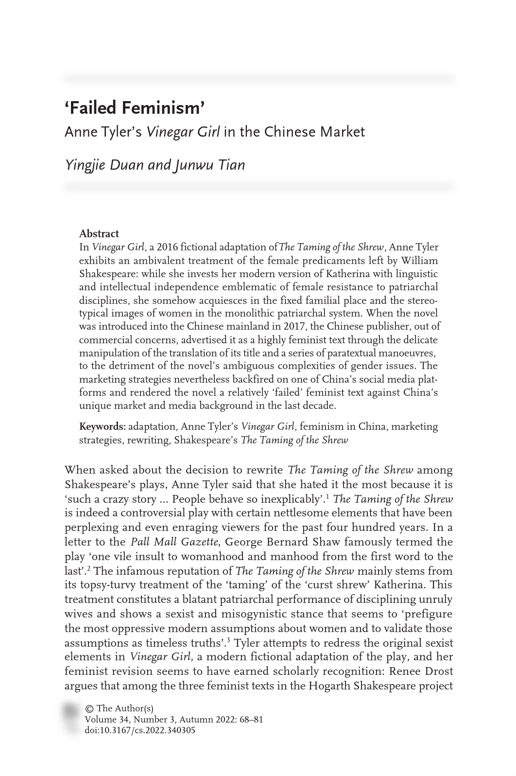 'Failed Feminism'- Anne Tyler's Vinegar Girl in the Chinese Market. .pdf_djrp7owavf8_page1