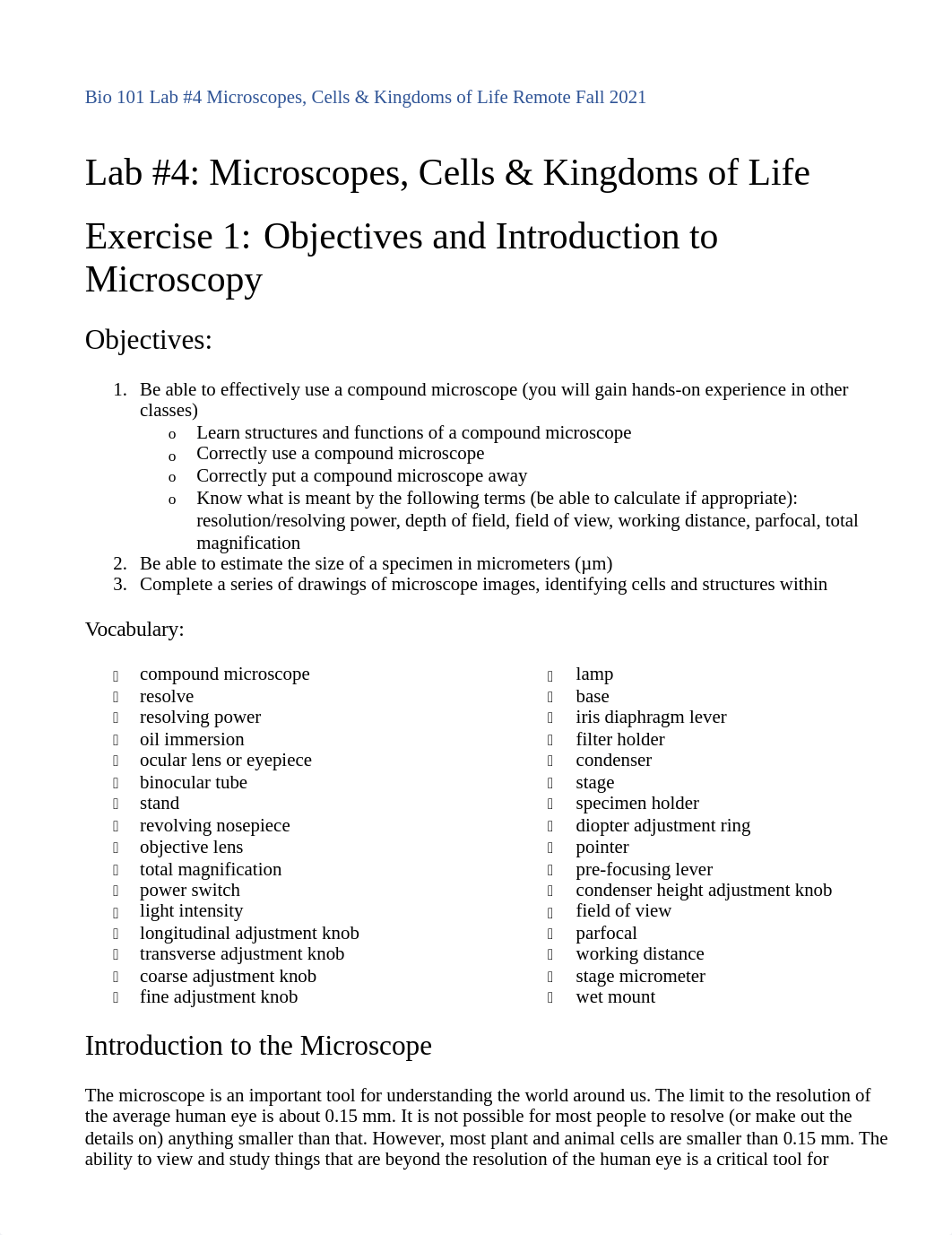 Bio 101 Lab 4 Report Microscopes, Cells, Kingdoms of Life.docx_djsopua968l_page1