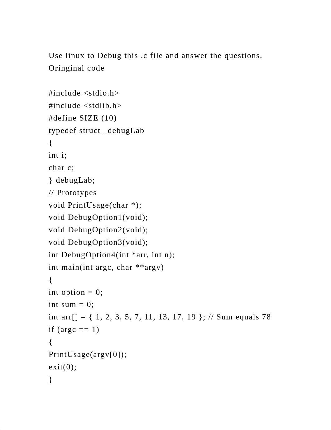 Use linux to Debug this .c file and answer the questions.Oringinal.docx_dju4zx808of_page2