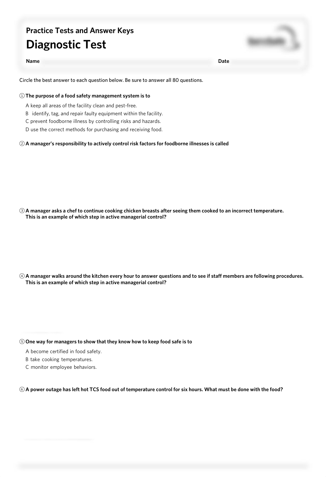 ServSafe@ Practice Tests and Answer Keys - Diagnostic Test.pdf_dju6vtfb24c_page1