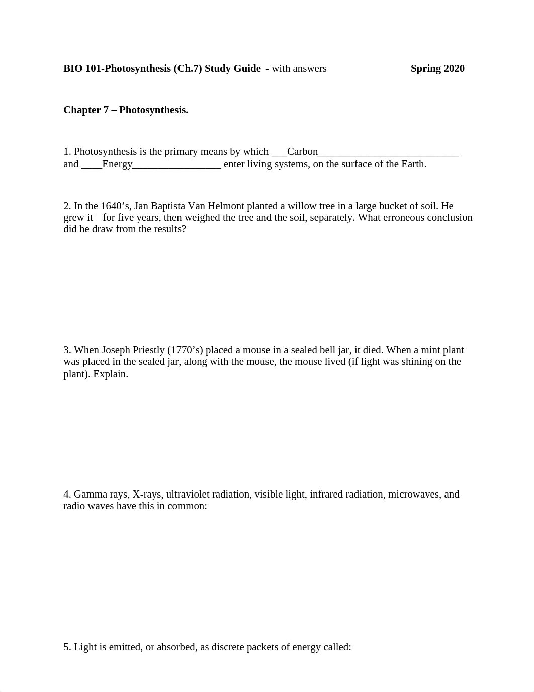 BIO 101 ch.7 (Photosynthesis) Study Guide - with answers, Spring 2020 (1).doc_djulwhrmxka_page1