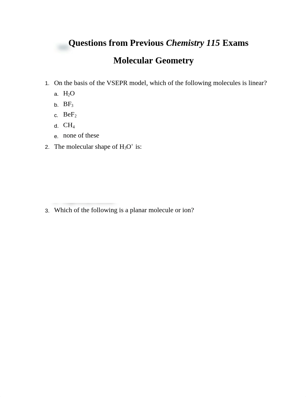 Questions from Previous Chemistry 115 Exams Molecular Geometry_djwfagp362w_page1