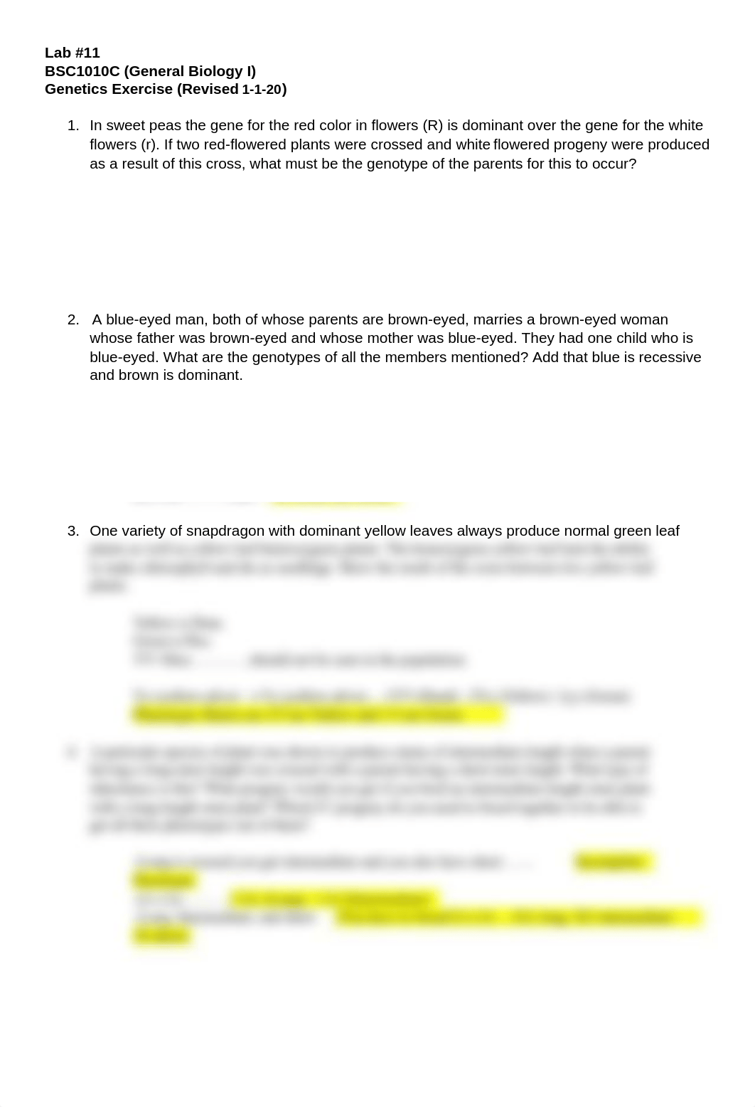 Lab 11 GENETICS LAB EXERCISE Answered 1-1-20.docx_djy102pga3u_page1