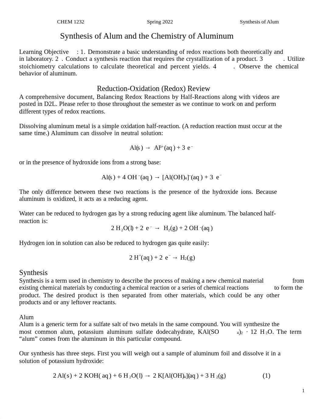 Spring 2022 Synthesis of Alum and the Chemistry of Aluminum.docx_djzaa697cdm_page1