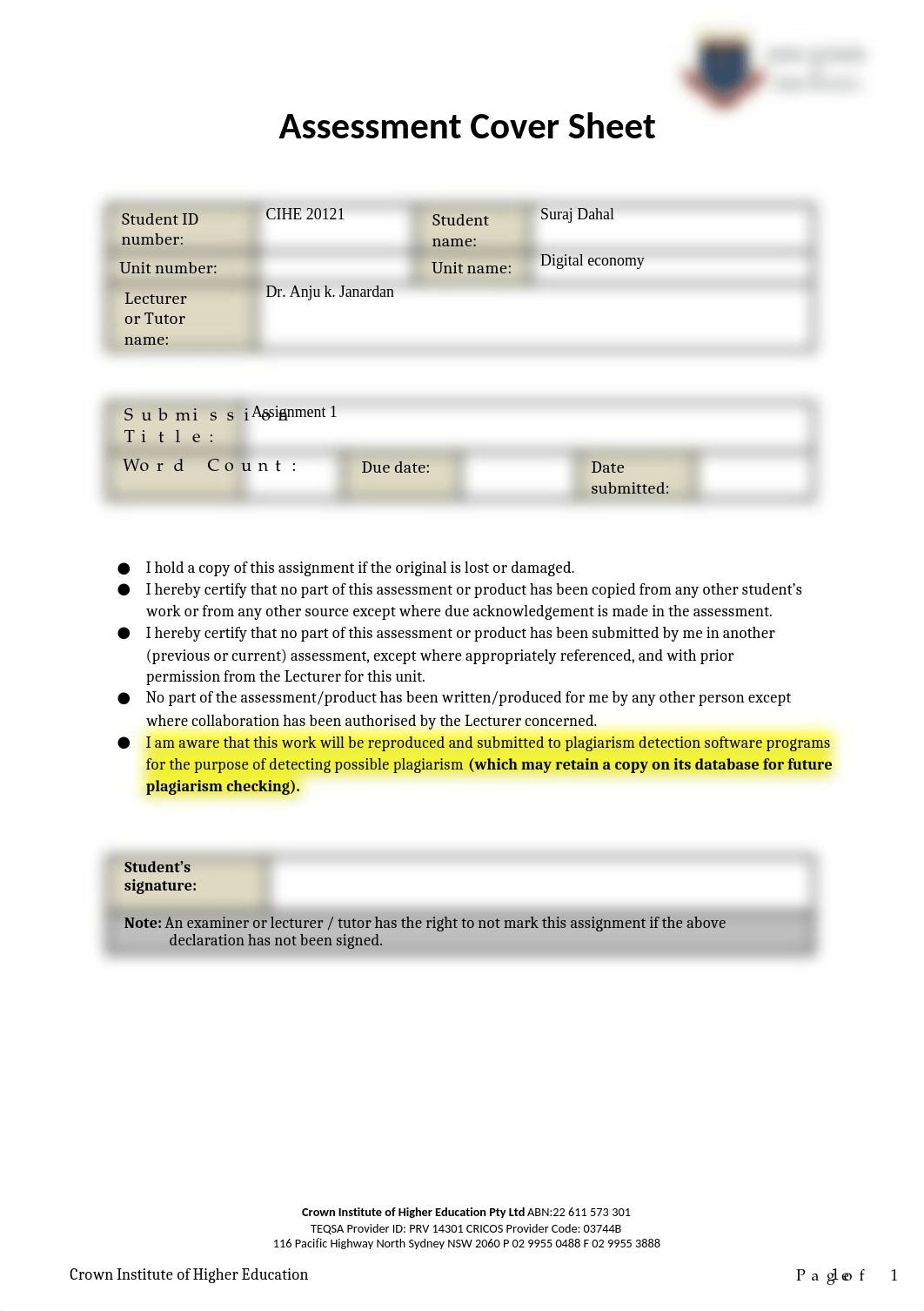 Assignment cover sheet - Crown Institute of Higher Education (2).docx_dk19gelztkh_page1