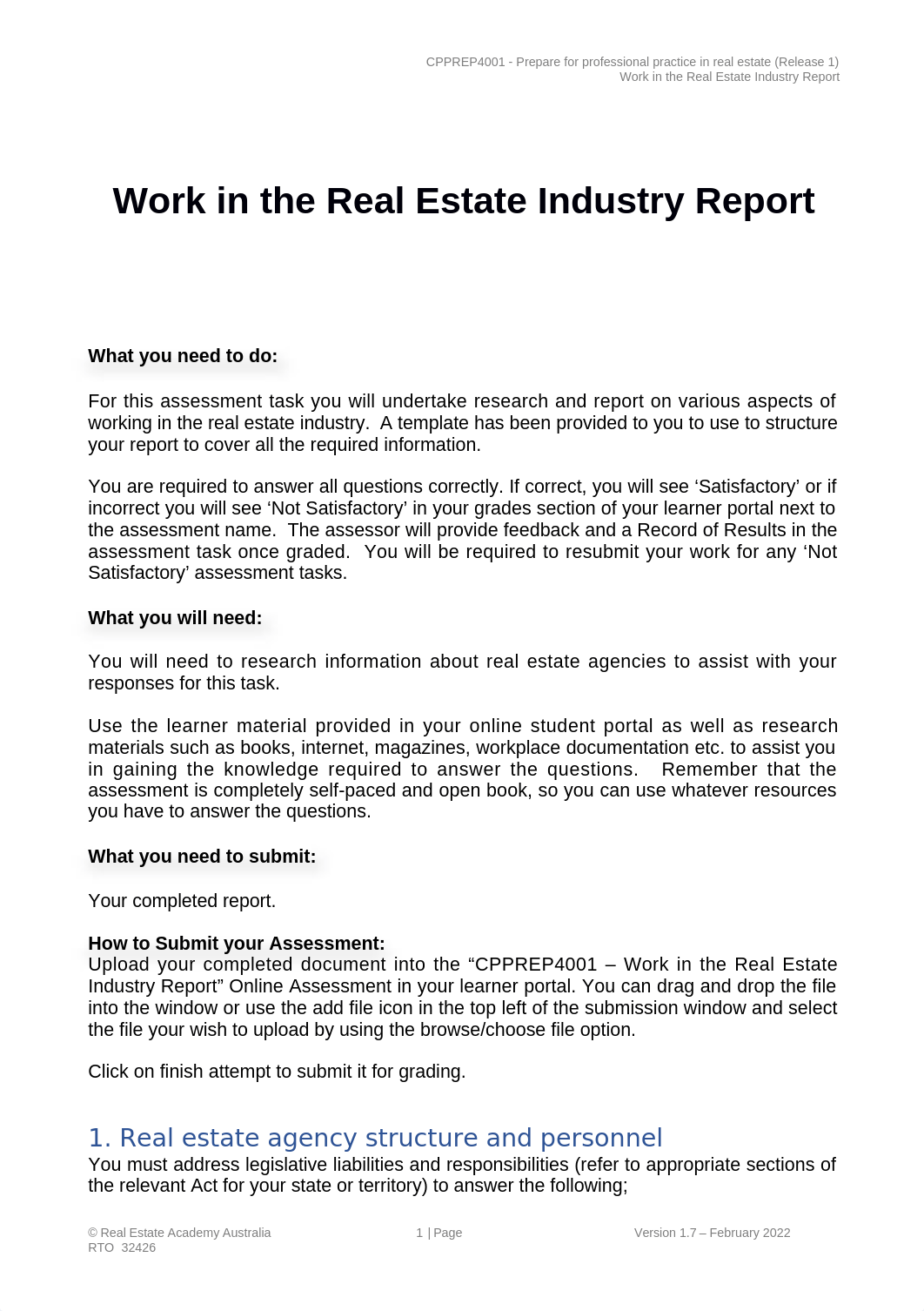 REAA - CPPREP4001 - Work in the Real Estate Industry Report v1.7.docx_dk43d59ac0s_page1