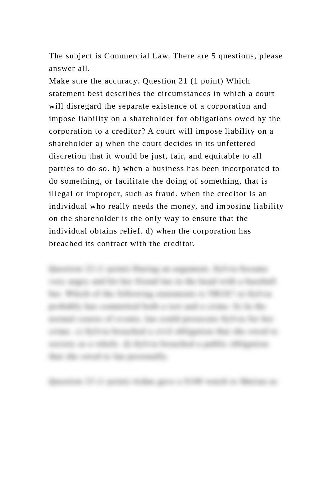 The subject is Commercial Law. There are 5 questions, please answer .docx_dk43nsvad6t_page2