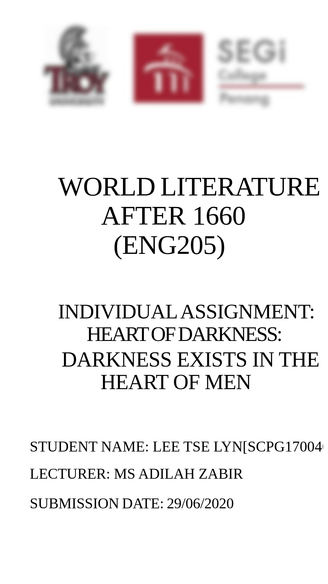 FULL COMPILATION SUBMISSION Mavis Lee - (Essay) Heart of Darkness & Darkness exists in the heart of_dk9scbzt1c6_page1