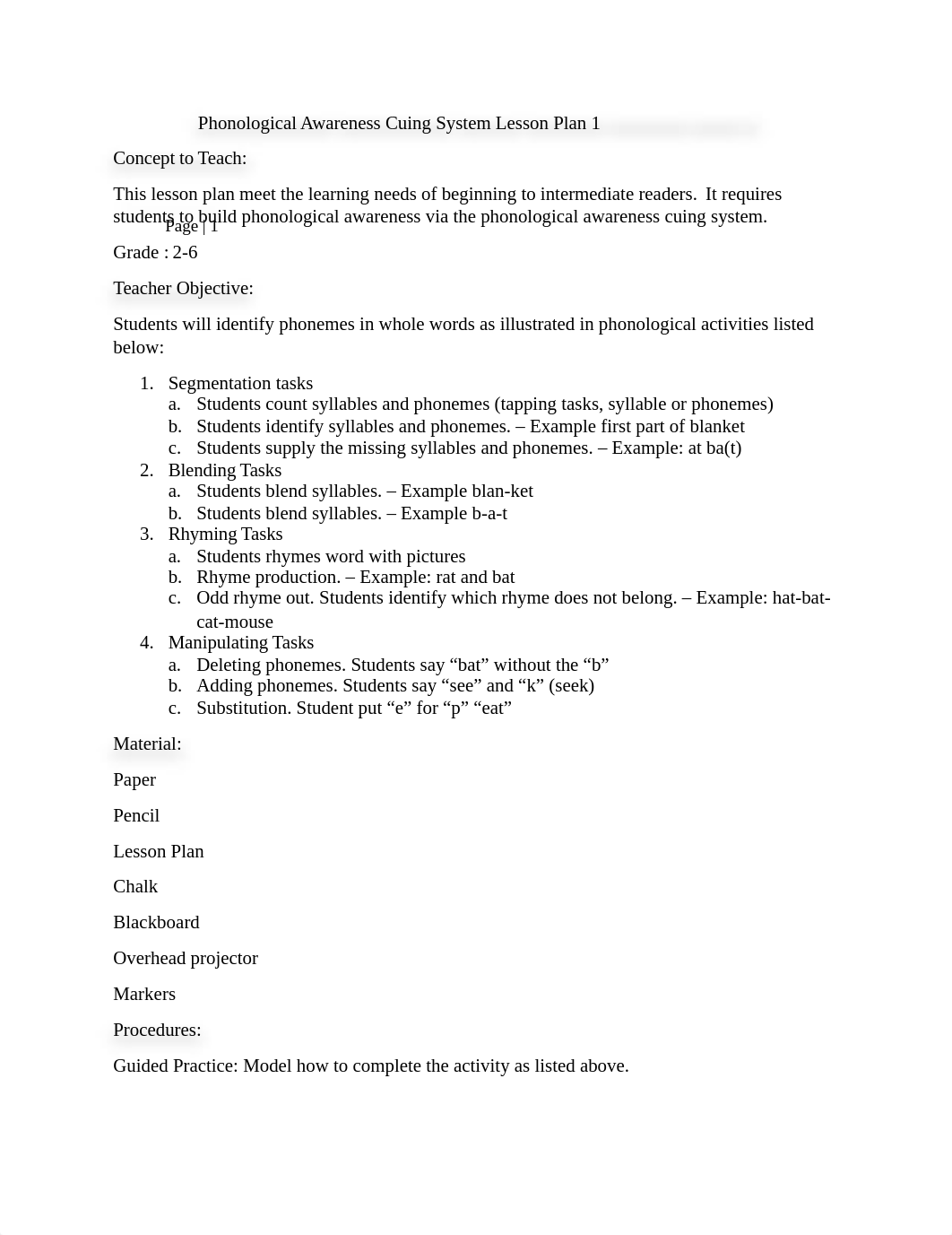 Phonological Awareness Cuing System Lesson Plan 1 MaryGrove College VSWalker March thru April 2015_dkeacu14di4_page1