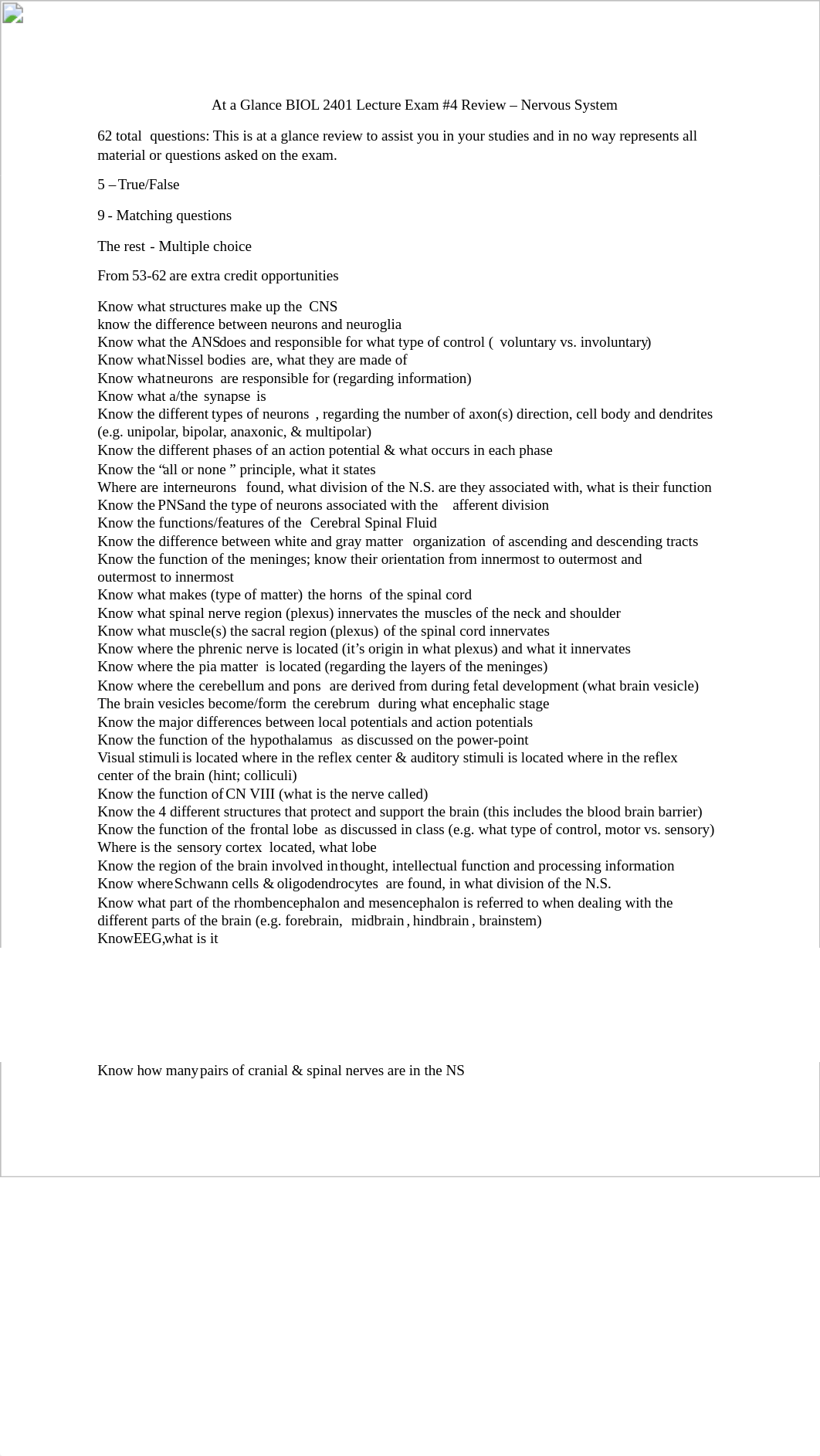 BIOL 2401 A&P I Lecture Exam #4 Review Nervous System.docx_dkjt9p2wu1h_page1