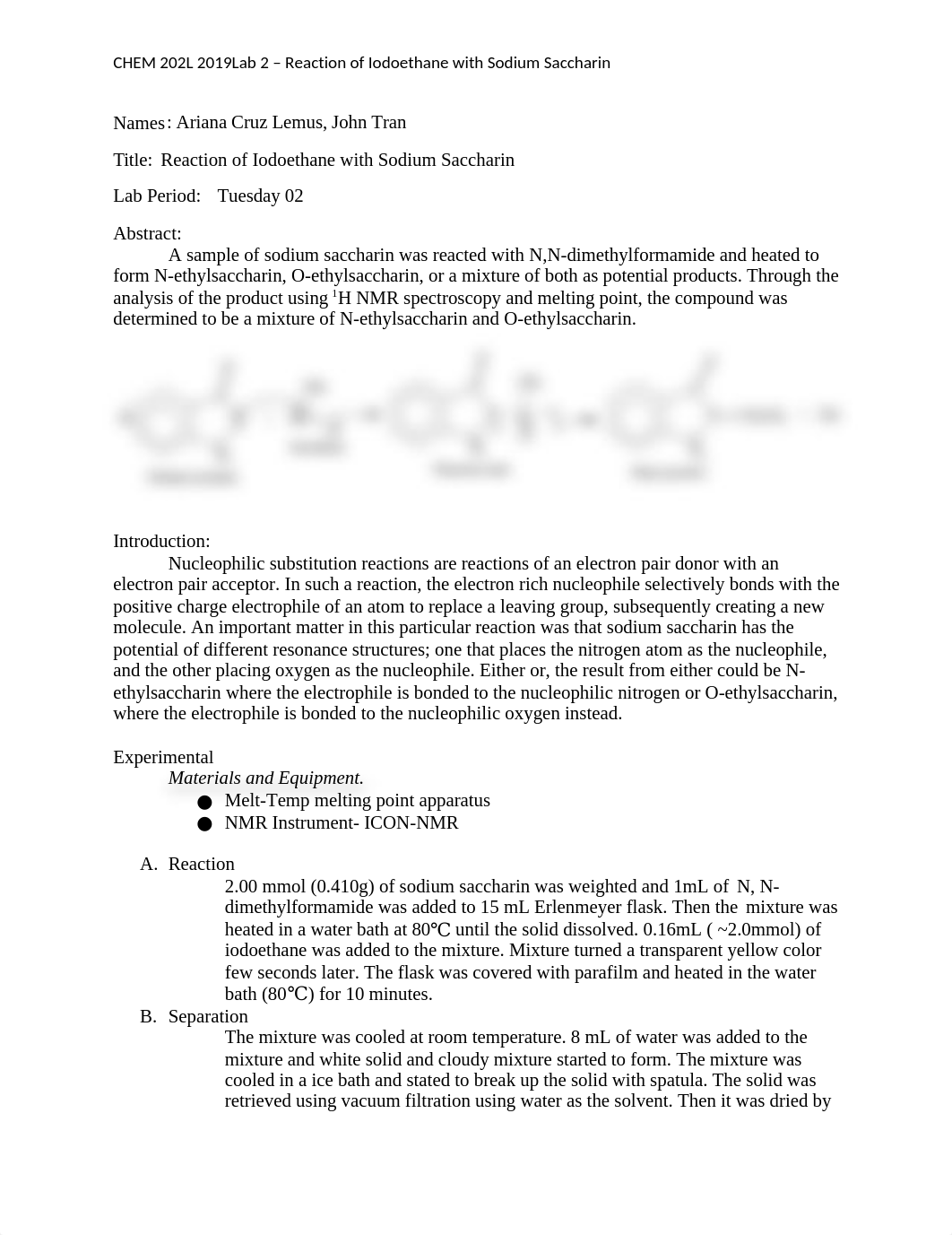 Reaction of ethyl iodide with sodium saccharin  John Tran, Ariana (2).docx_dkk174riqsn_page1