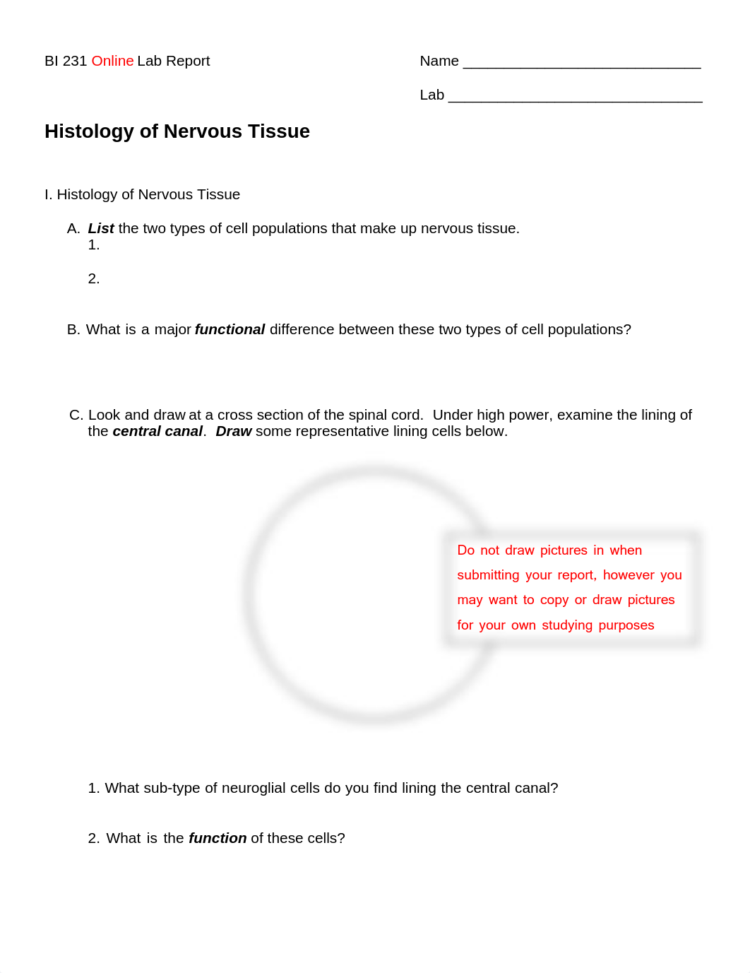 BI 231 Online Lab Report Ex 15 Nervous Tissue.pdf_dkn6kmdo3ww_page1