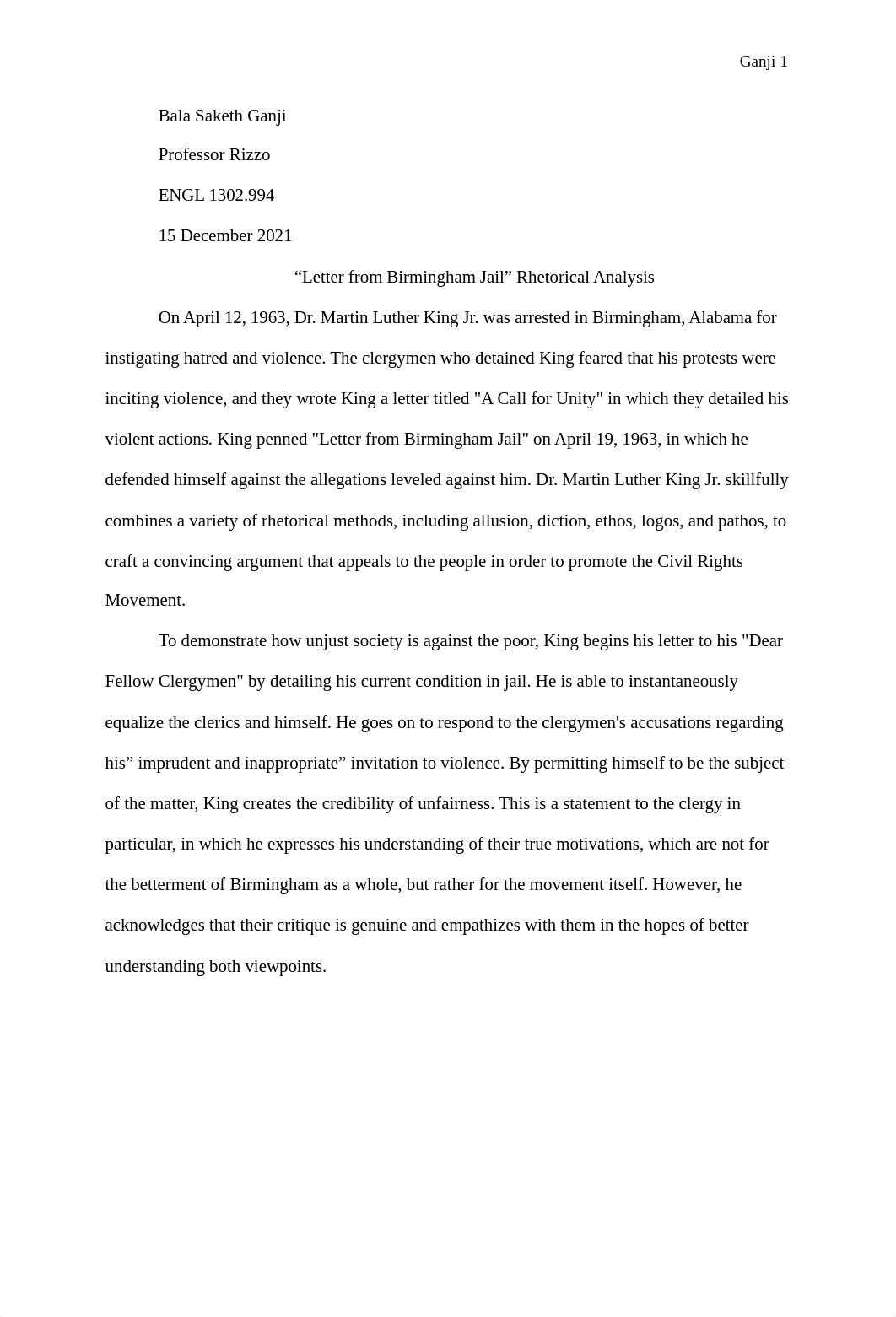 "Letter from Birmingham Jail" Rhetorical Analysis Essay.pdf_dknav9hql20_page1