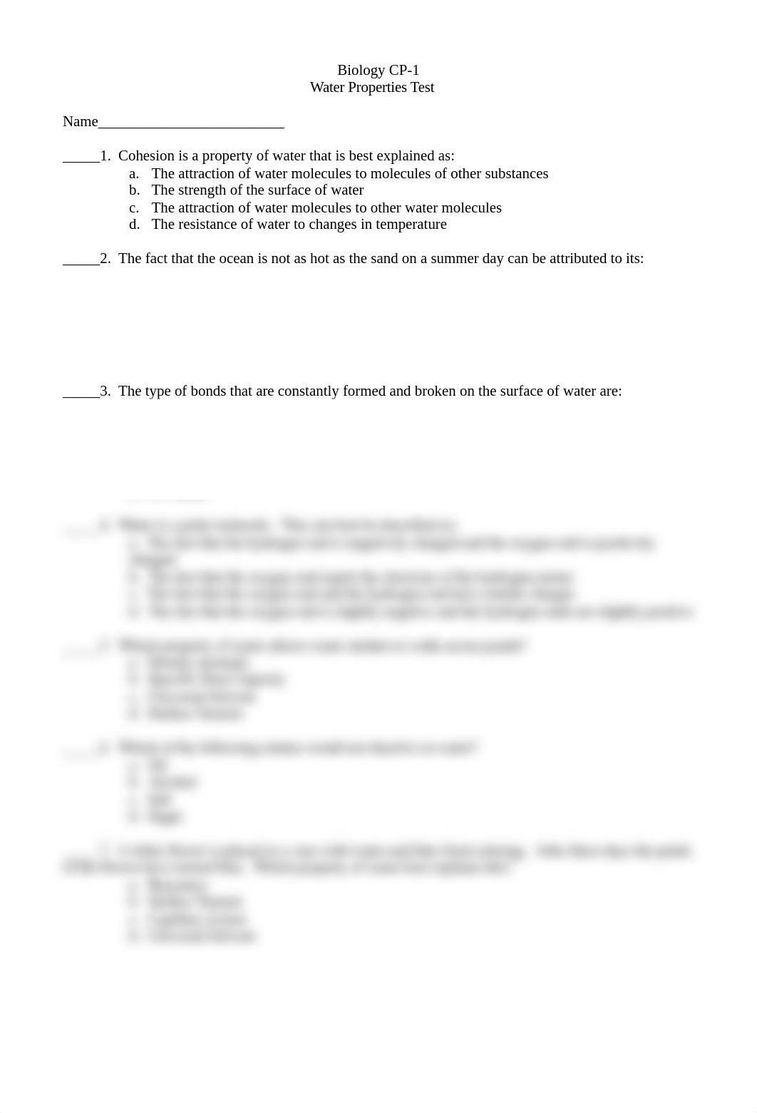 Biology CP-1 Properties of Water Test.doc_dkncgg00lt3_page1